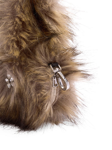 Close-up of a fur pouch with a silver zipper and decorative elements on a white background
