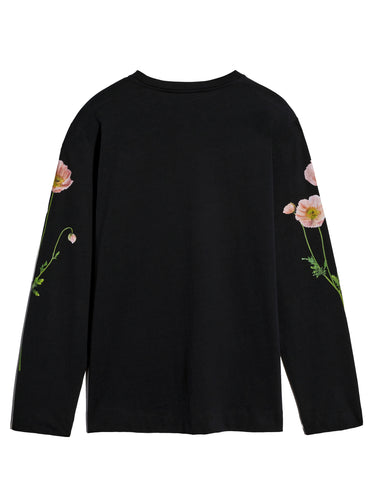 Back view of a black, long-sleeve shirt with poppy field print from Simone Rocha on a white background