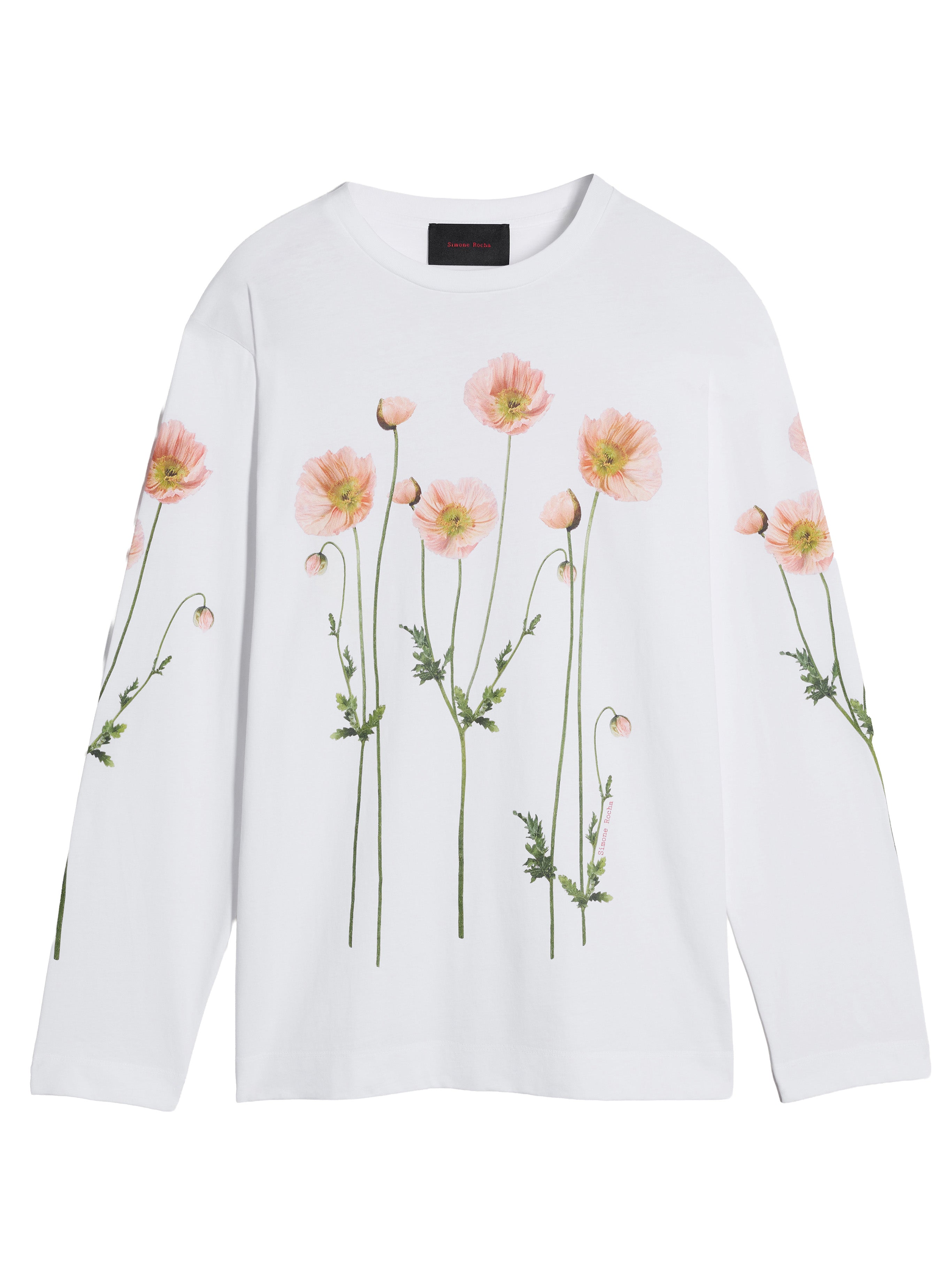 Front view of a white, long-sleeve shirt with poppy field print from Simone Rocha on a white background