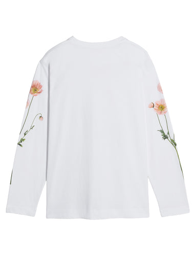 Back view of a white, long-sleeve shirt with poppy field print from Simone Rocha on a white background