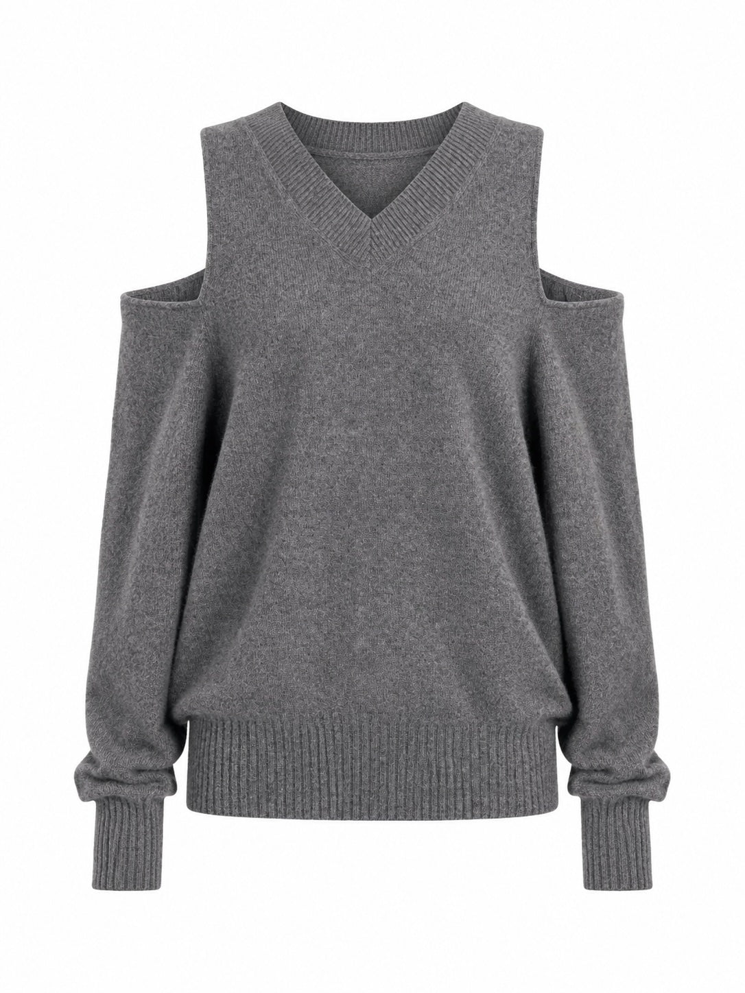 Simone Rocha Relaxed Cashmere Slash V-Neck Jumper With Embellishment in Grey, shown as a front product image with V-neckline, cold-shoulder sleeves and ribbed trims.