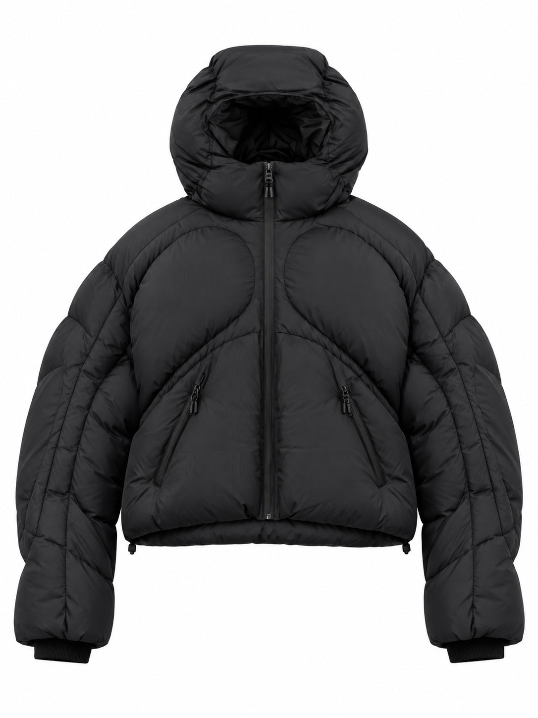 Stamm Exchange Anyone Puffer in Black, front view with oversized padded hood, sculptural panel construction and zip pockets.