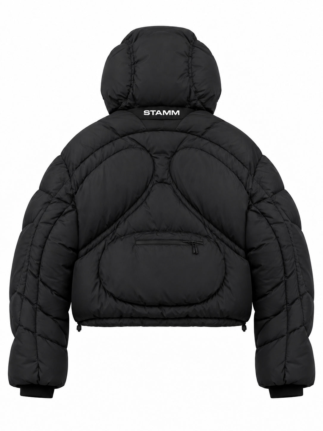 Stamm Exchange Anyone Puffer in Black, back view showing sculptural padded panels, rear zip pocket and Stamm Exchange logo detail.