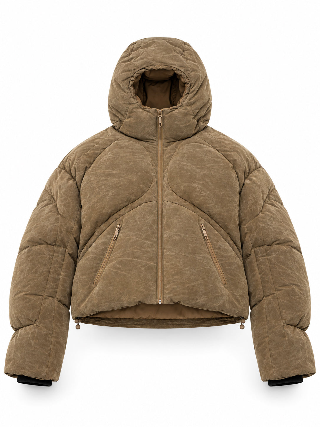 Stamm Exchange Anyone Puffer in Brown, front view with oversized padded hood, sculptural panel construction and zip pockets.