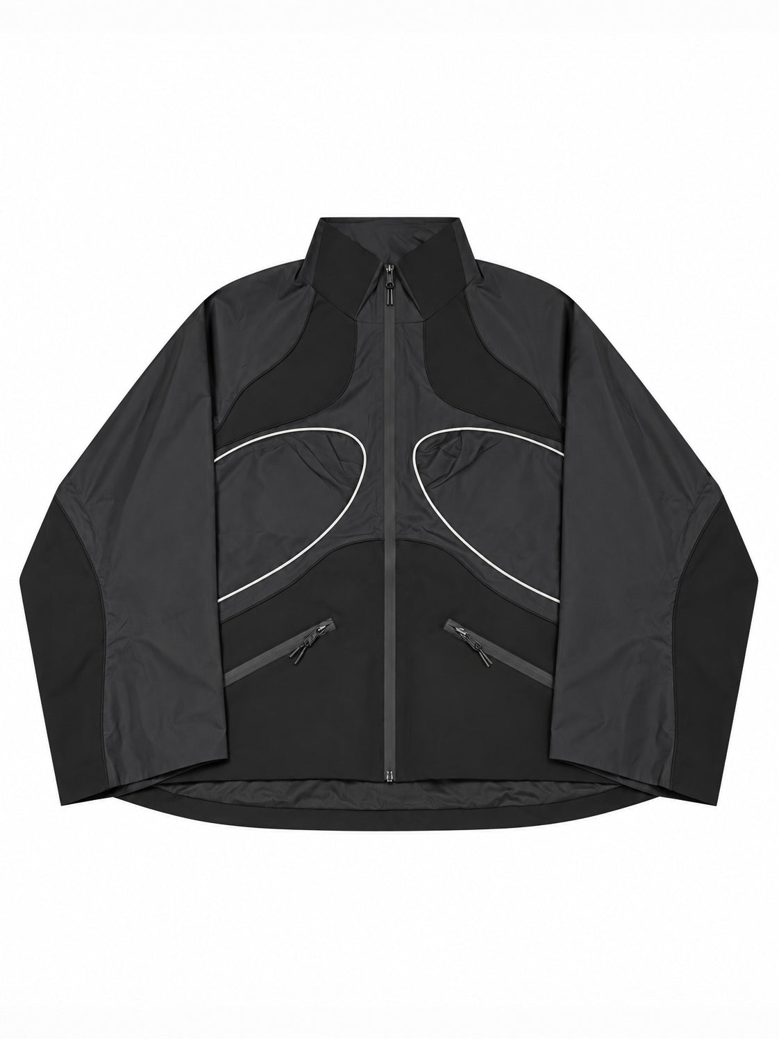 Stamm Exchange Center Black Jacket in Black, front view with high collar, curved panel construction, contrast piping and zipped front pockets.