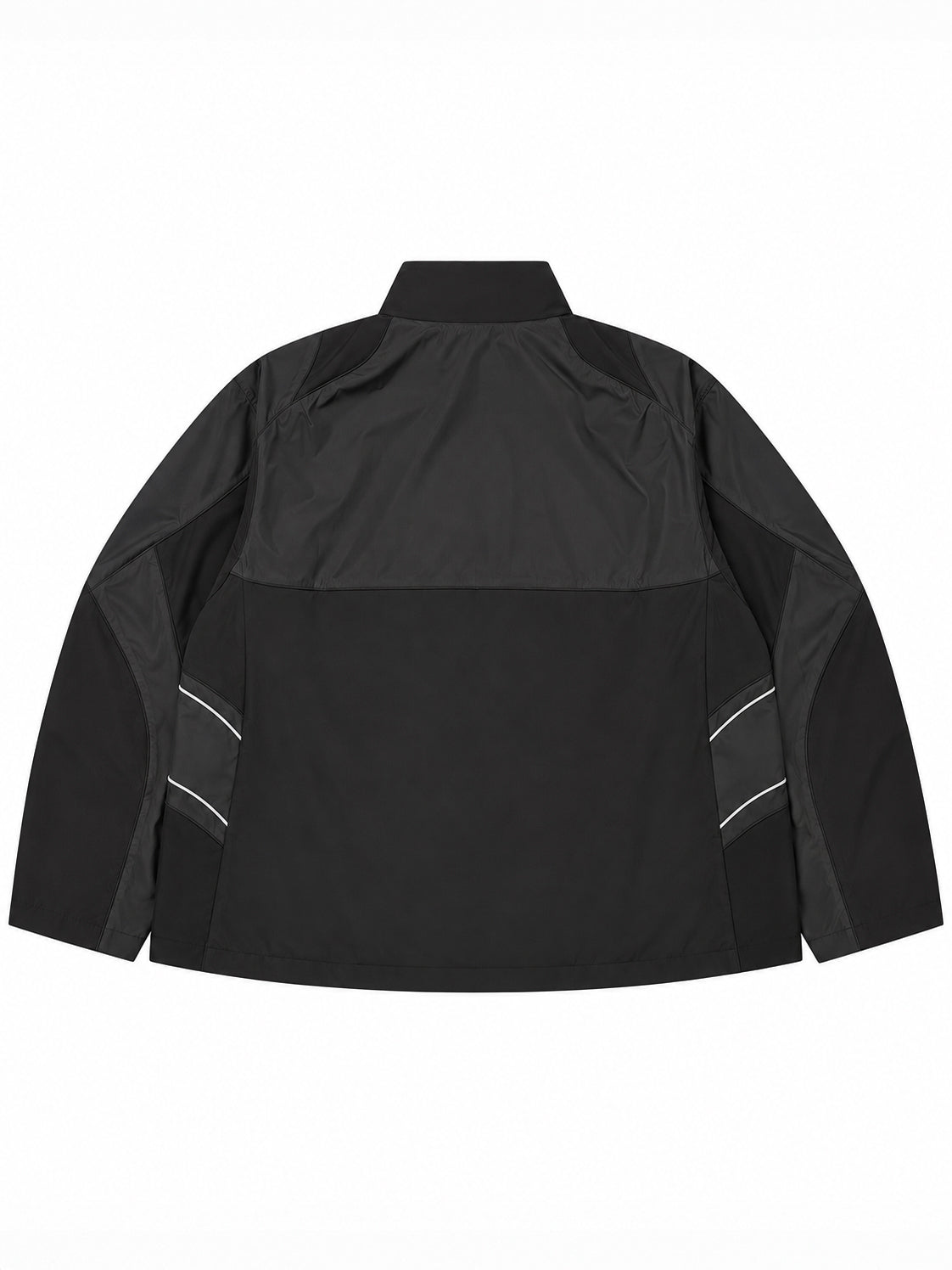 Stamm Exchange Center Black Jacket in Black, back view showing contrasting panel construction, long sleeves and curved seam detailing.