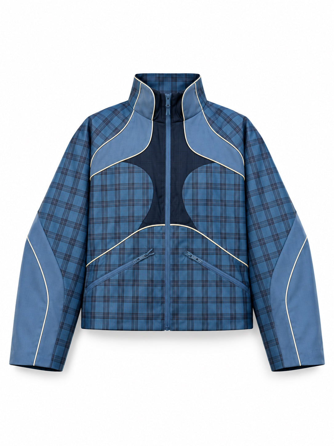 Stamm Exchange Center Check Jacket in Blue Check, front view with panelled check design, curved contrast sections, high collar and zip pockets.