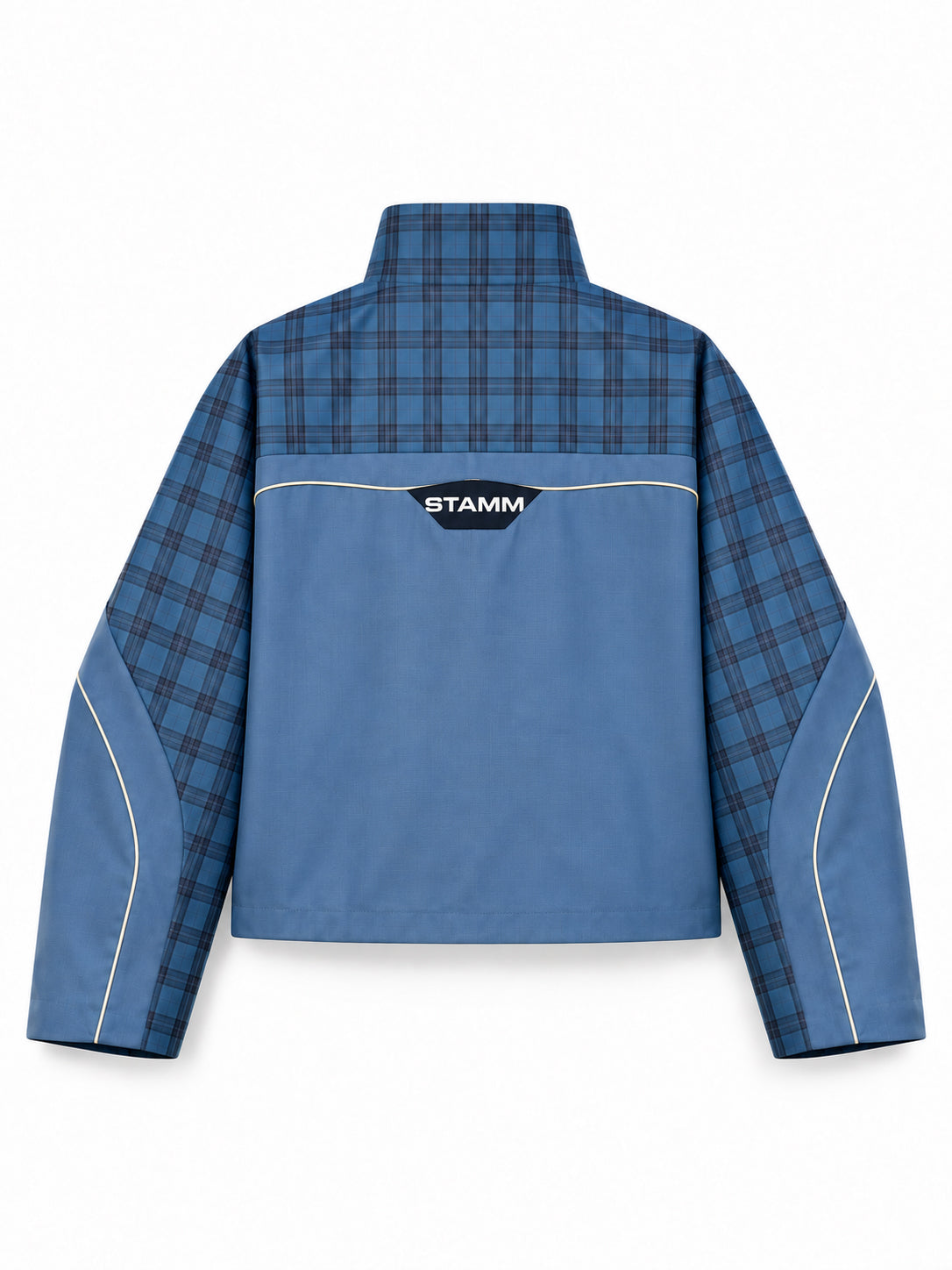Stamm Exchange Center Check Jacket in Blue Check, back view with checked shoulder panels, contrast blue body, piping and Stamm Exchange logo.
