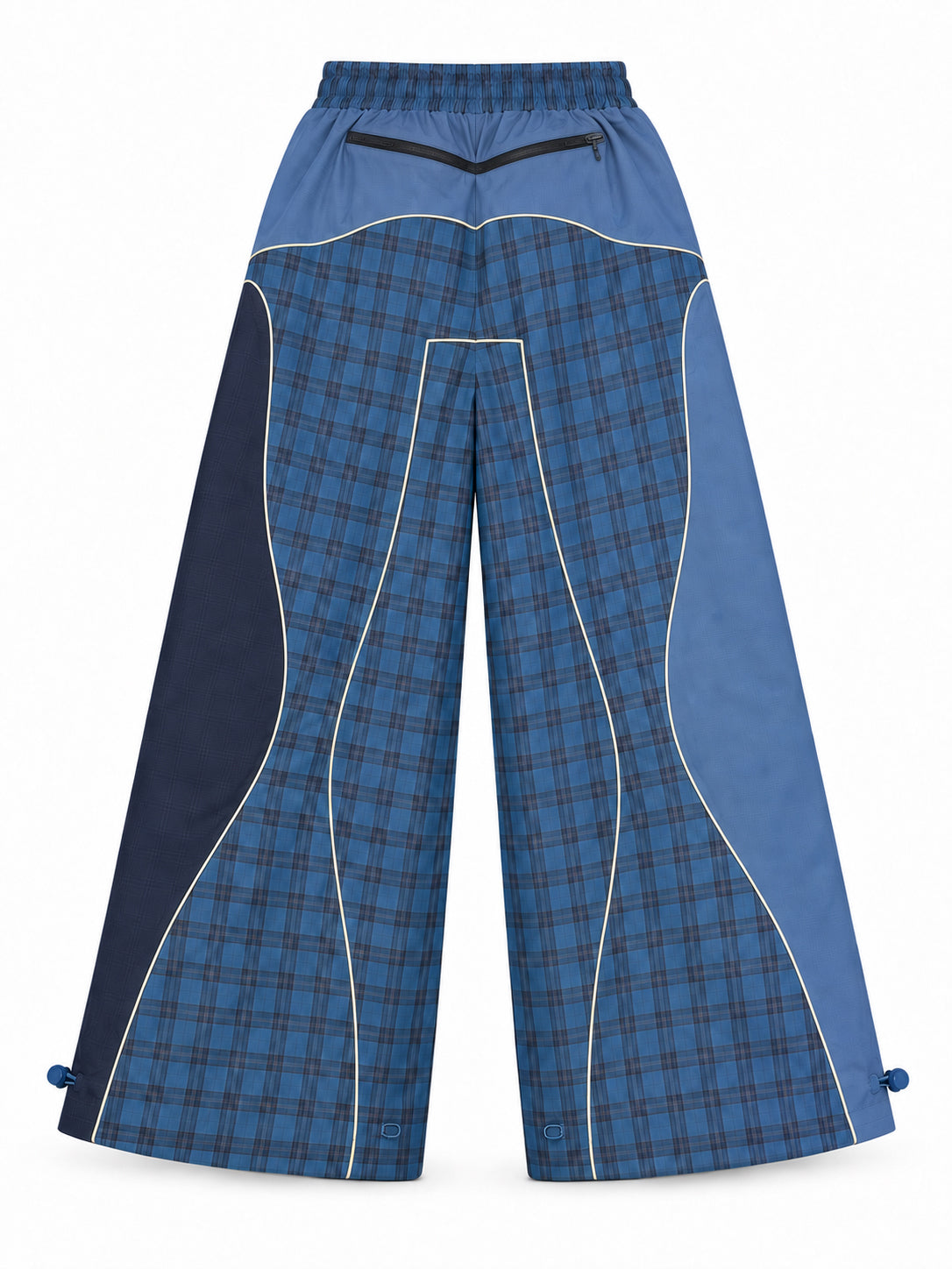 Stamm Exchange Center Check Pants in Blue Check, back view showing colour-block construction, check panels, contrast piping, rear zip pocket and adjustable hems.