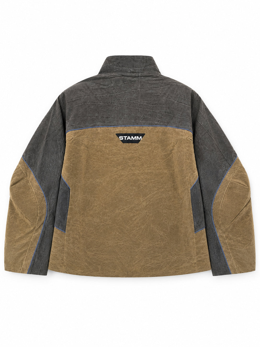 Stamm Exchange Center Vibe Jacket in Grey/Blue/Brown, back view showing contrasting panels, blue piping and STAMM logo detail.