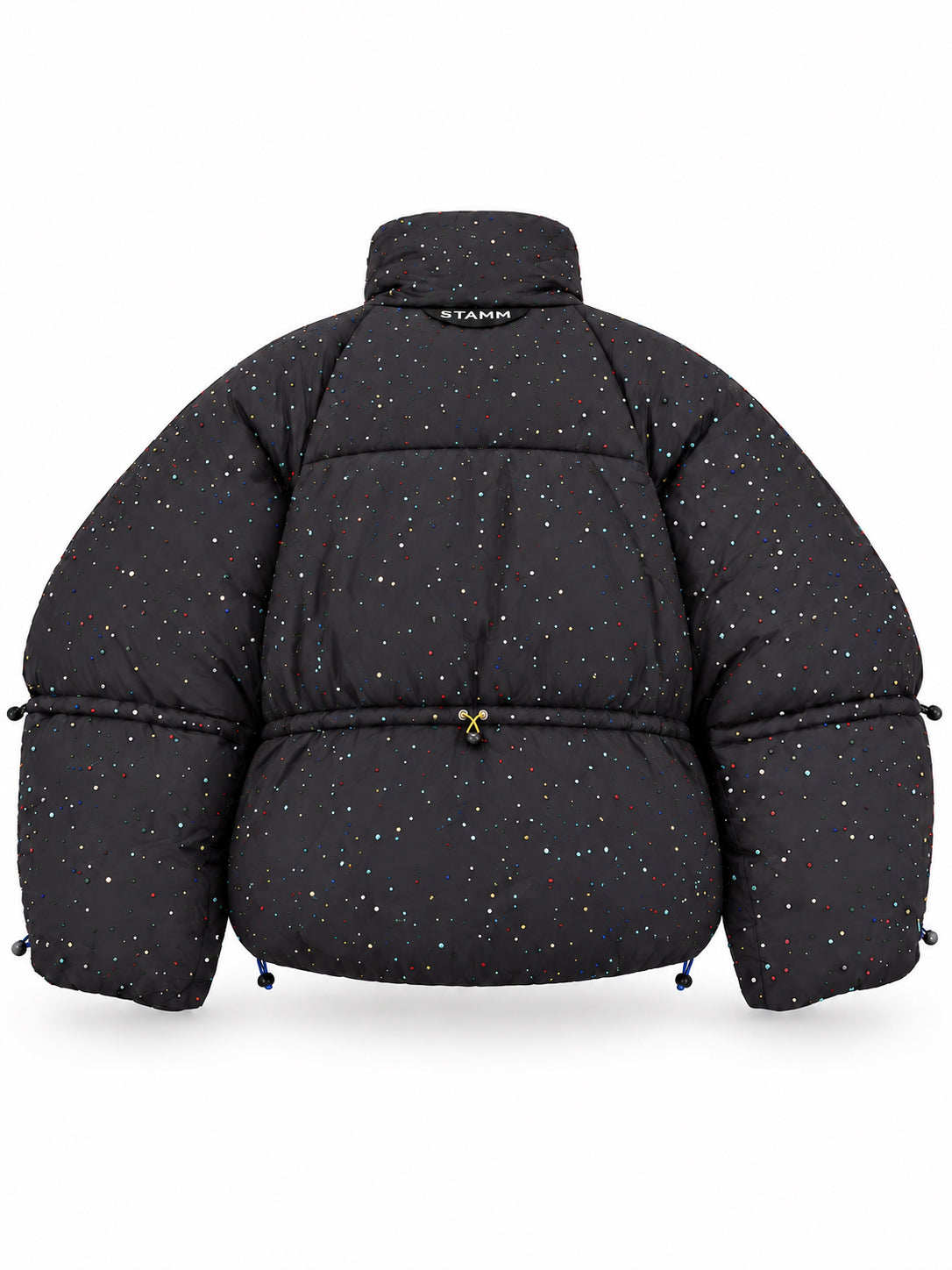Stamm Exchange Shine Down Jacket in Black, back view showing allover multicolour crystal embellishments, voluminous padding and Stamm Exchange logo detail.