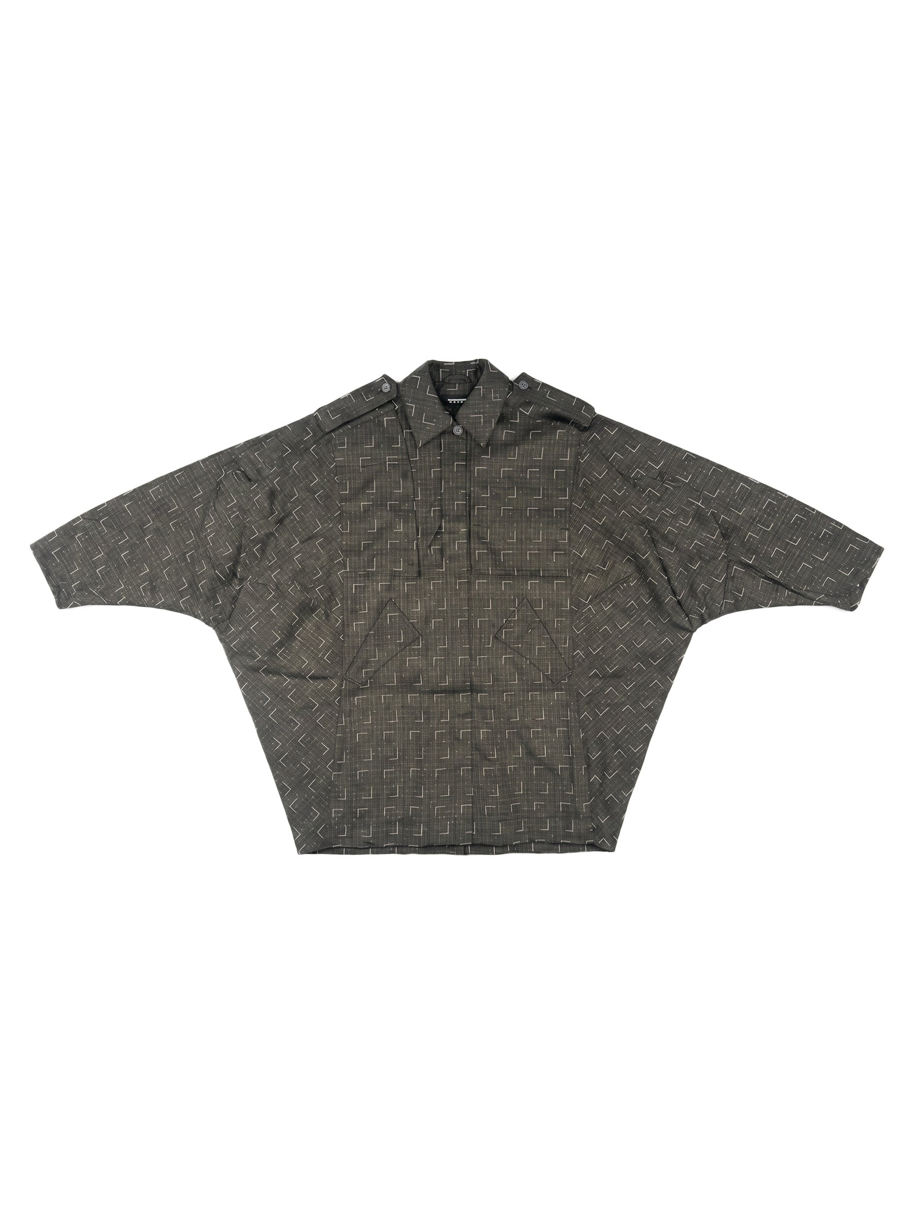 Kiko Kostadinov Statsinger Coat in Off Black & Chalk with a graphic pattern and oversized silhouette.