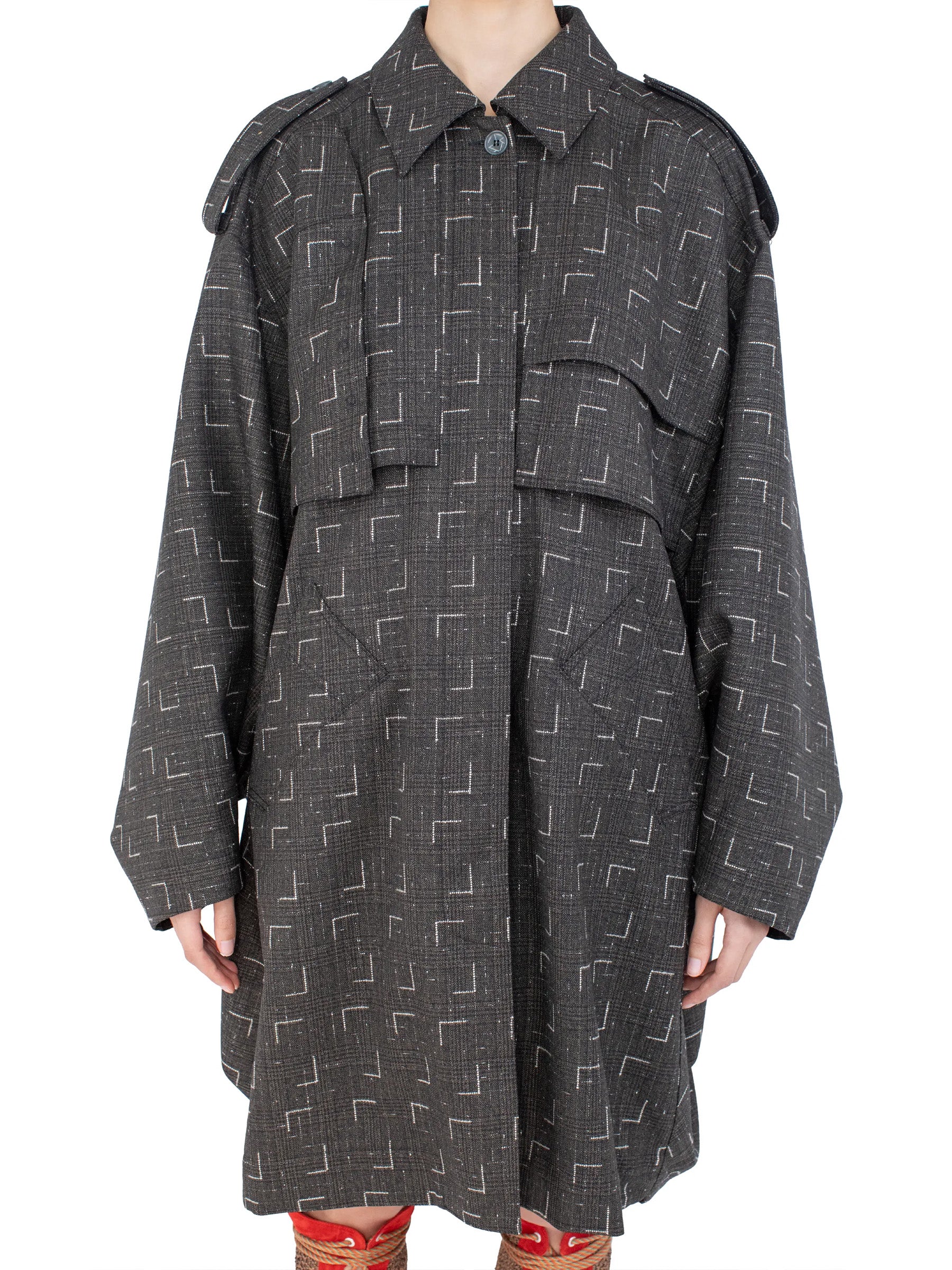 Front view of the Kiko Kostadinov Statsinger Coat in Off Black & Chalk.