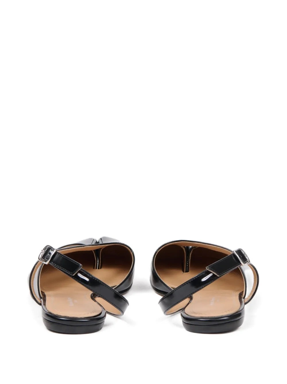 Back packshot of the Maison Margiela Tabi Flat Slingback in black, showcasing the slingback strap with buckle fastening and clean, minimalist heel design.