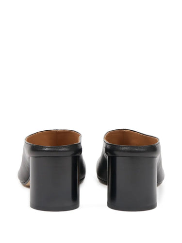 Back packshot of the Maison Margiela Tabi Pump Mules H60 in Black, emphasizing the block heel, slip-on silhouette, and smooth leather finish.