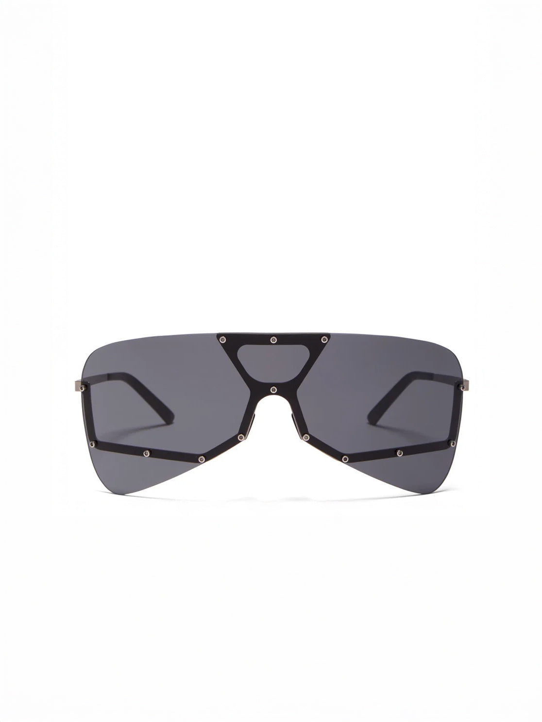 Rick Owens Tower Sunglasses in silver temple and black lens with riveted stainless steel frame and aviator-shaped single lens.