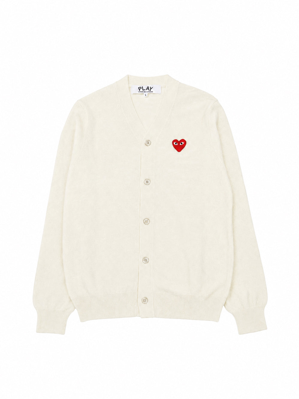 COMME des GARÇONS PLAY Unisex V-Neck Cardigan in Off White wool with red heart embroidery, front button closure and ribbed trims
