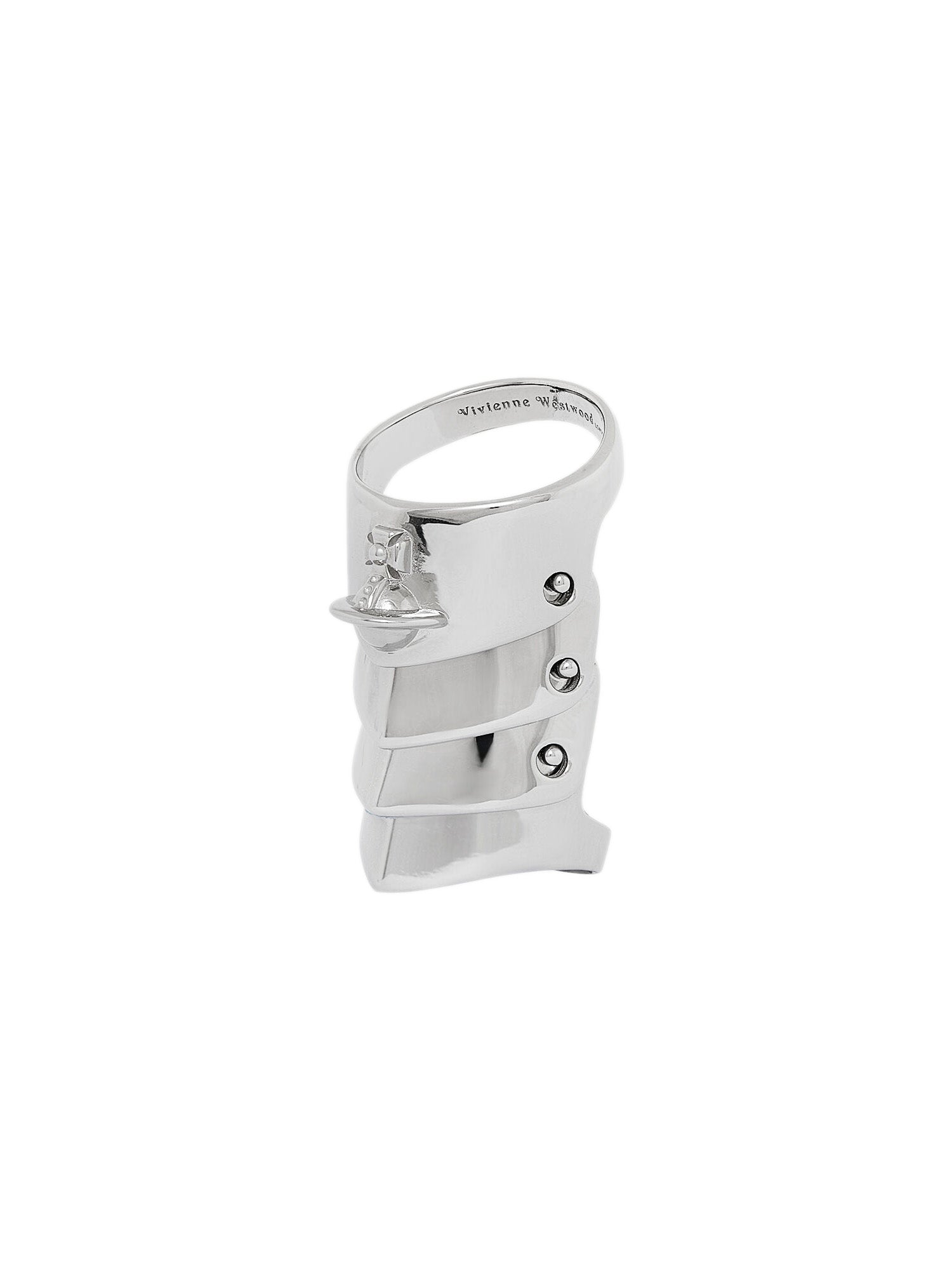 Silver ring with four platinum-plated silver sections that overlap on a white background