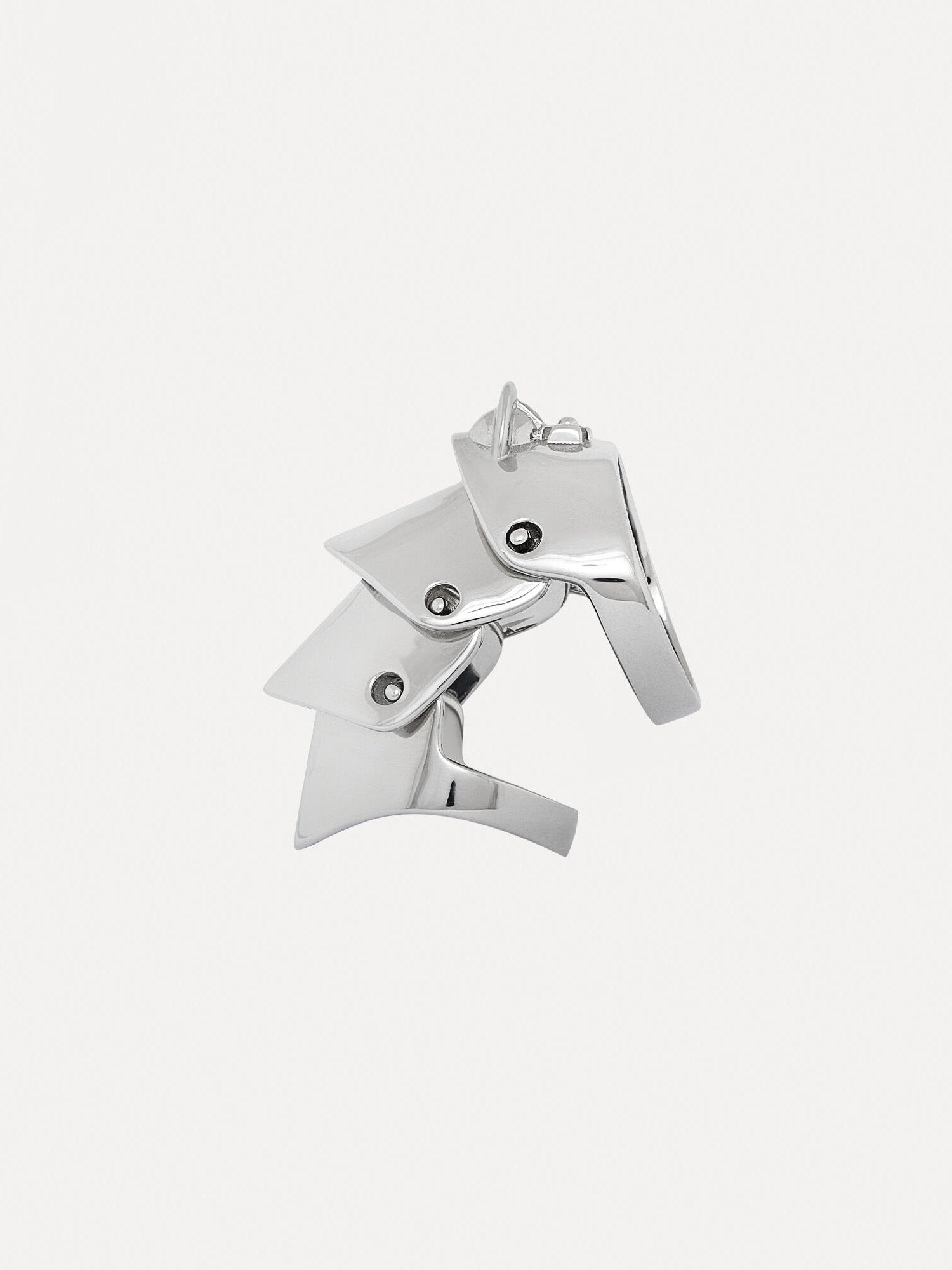 Silver ring with four platinum-plated silver sections that overlap on a white background