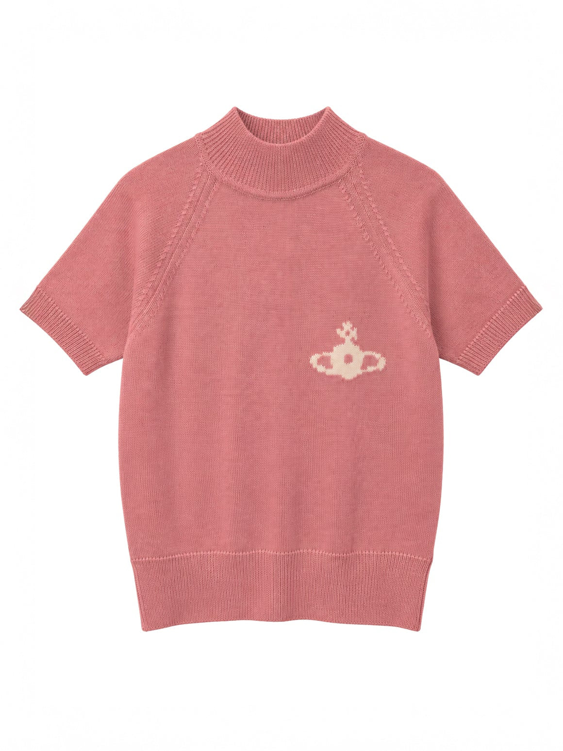 Vivienne Westwood Bea Turtleneck Top in Rose, a short-sleeve wool knit with ribbed turtleneck collar and contrast orb intarsia at the chest.