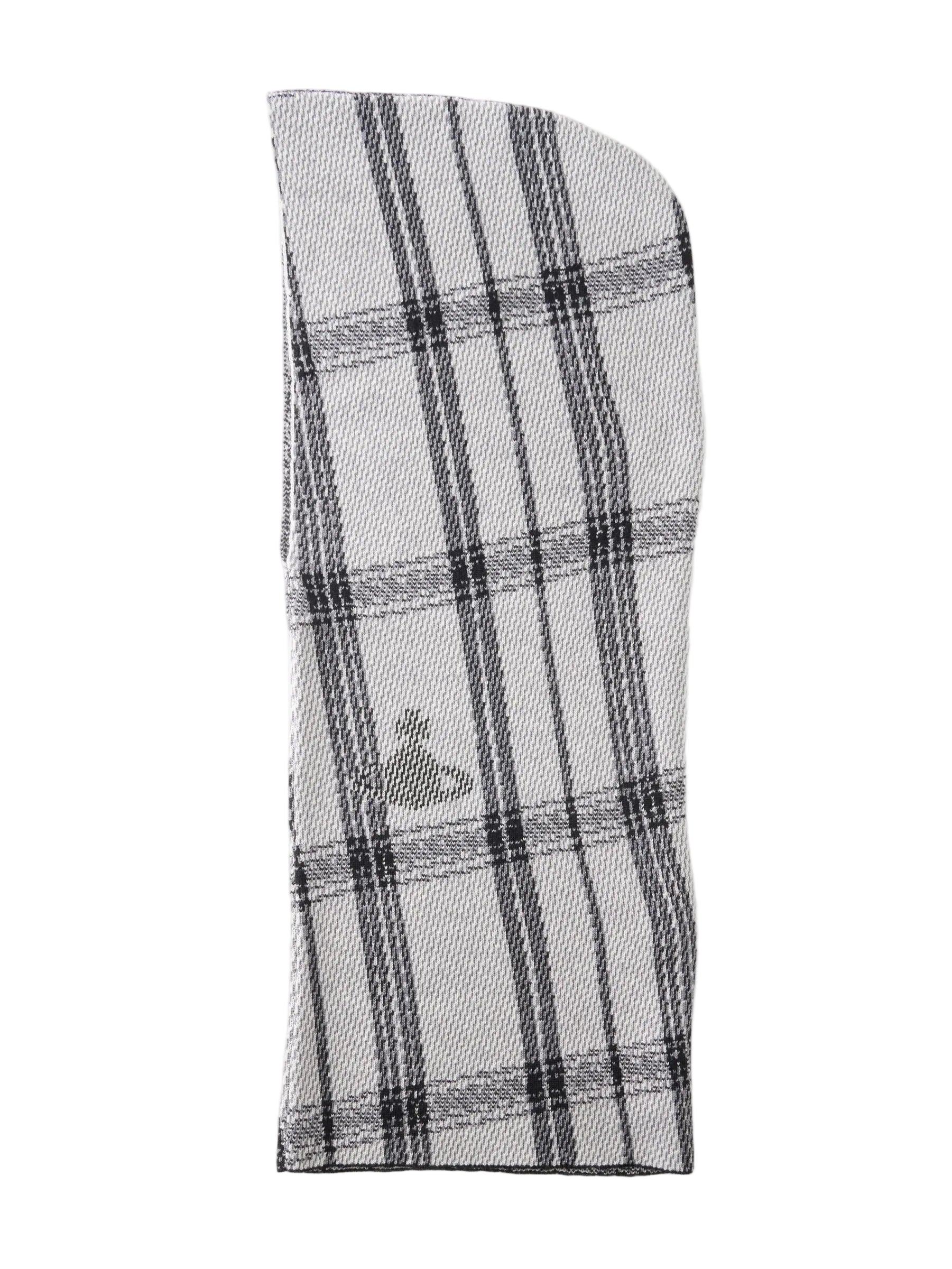 Vivienne Westwood Bi Tartan Hood in Black, knitted hood scarf with black and white tartan pattern