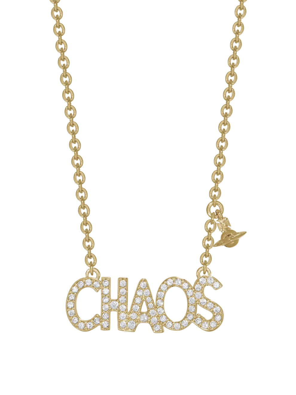 Vivienne Westwood Chaos Pendant in Gold with a crystal-encrusted CHAOS motif, gold-tone trace chain and dangling Orb charm.