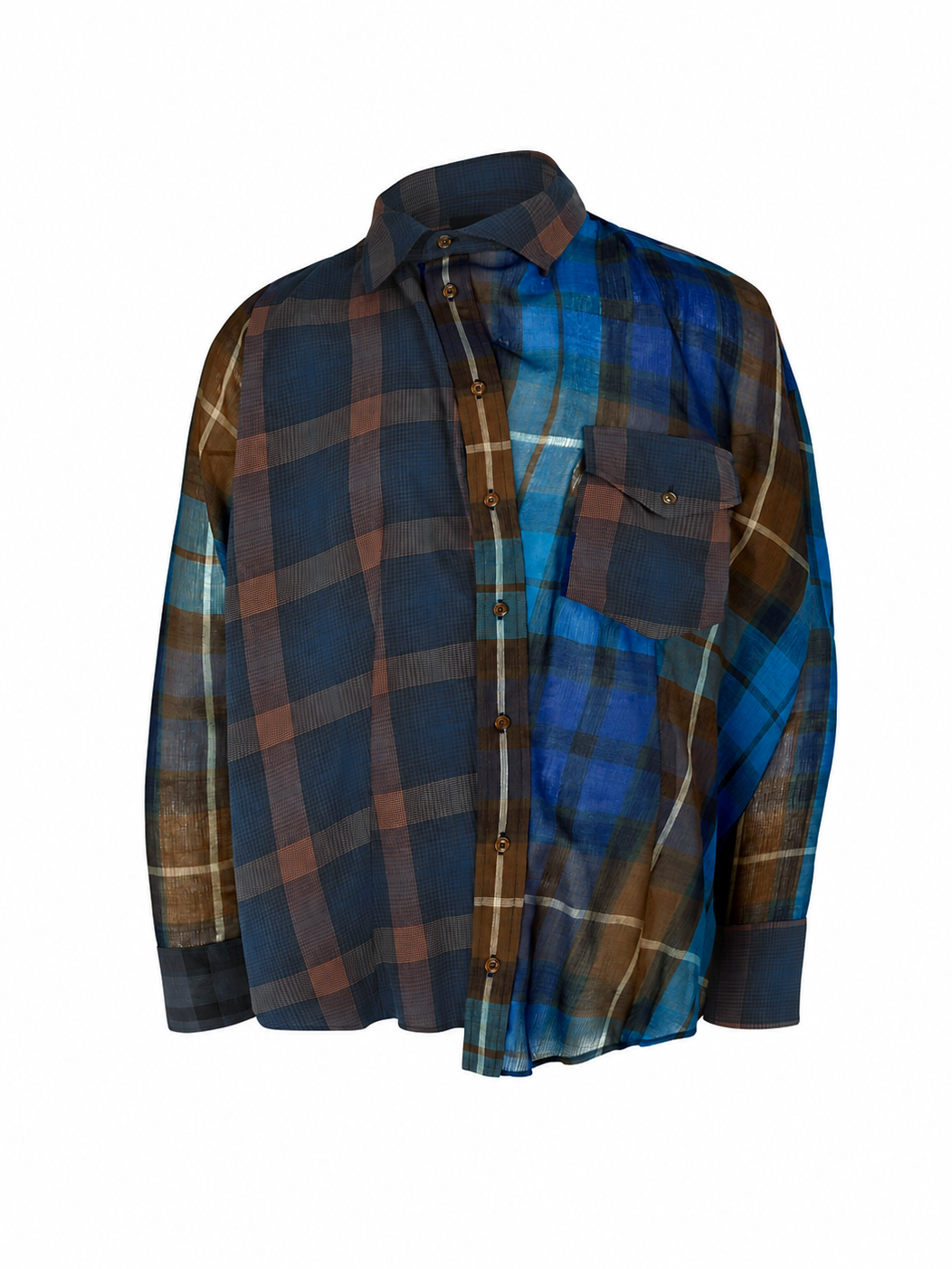 Vivienne Westwood Chaos Shirt in Multi with blue brown orange Quadrophenia check, mismatched panels, off-centre collar and asymmetric hem