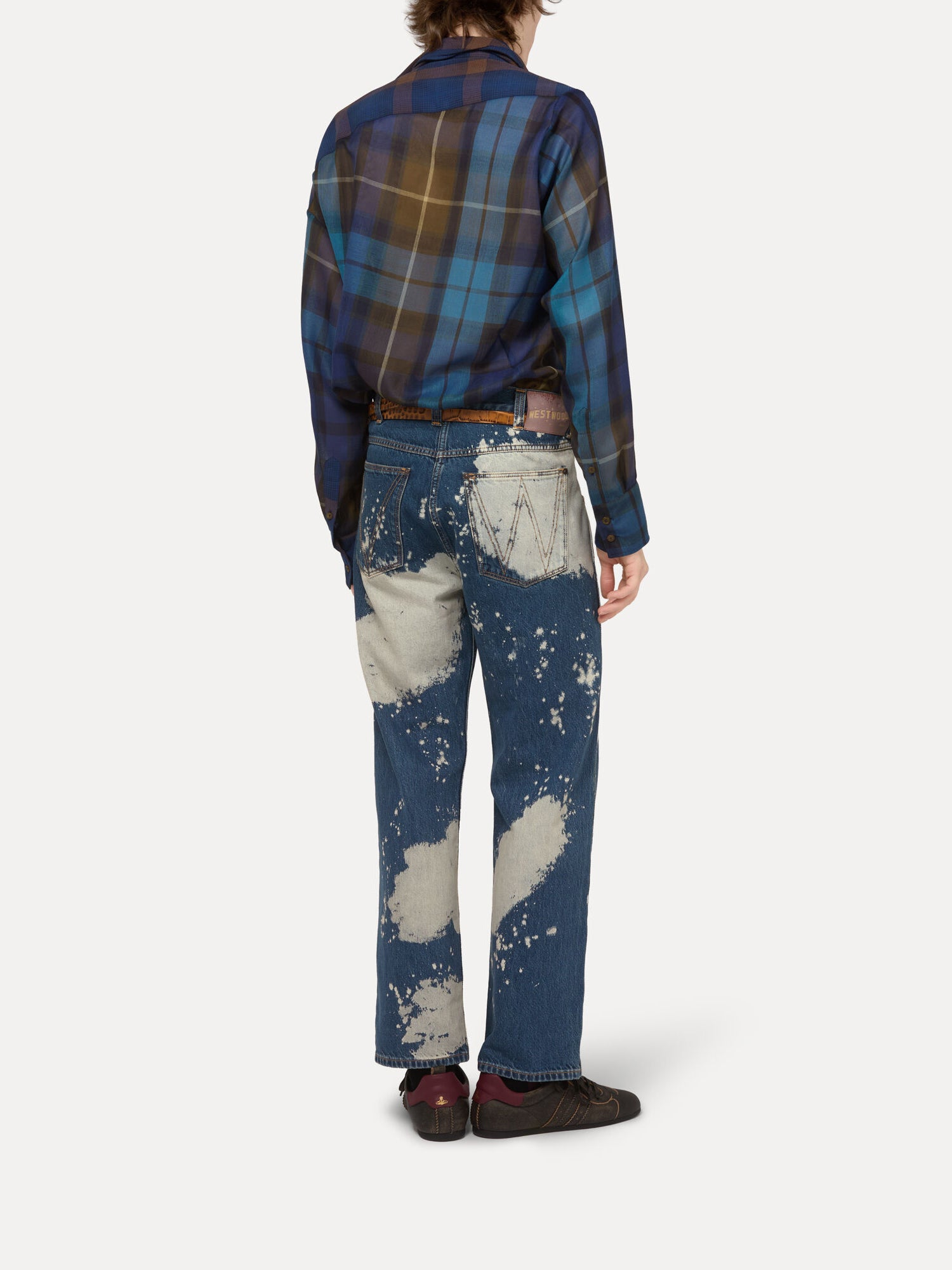 Back view of Vivienne Westwood Chaos Shirt in Multi showing blue brown check pattern, long sleeves and experimental panel construction