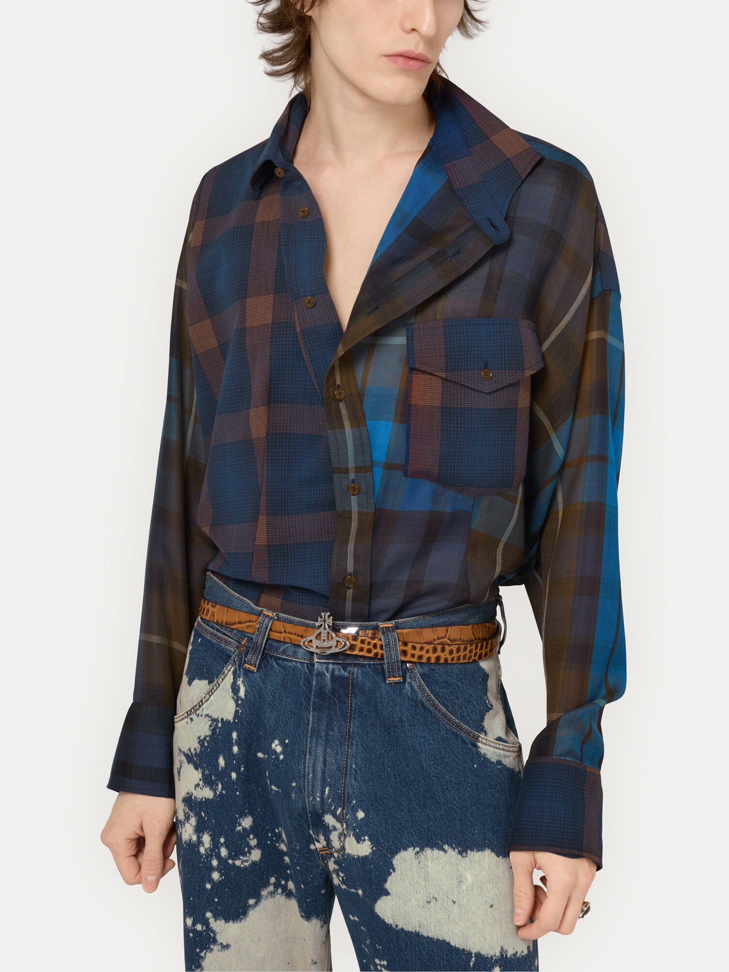 Close-up of Vivienne Westwood Chaos Shirt in Multi showing off-centre collar, single chest pocket and layered check panels