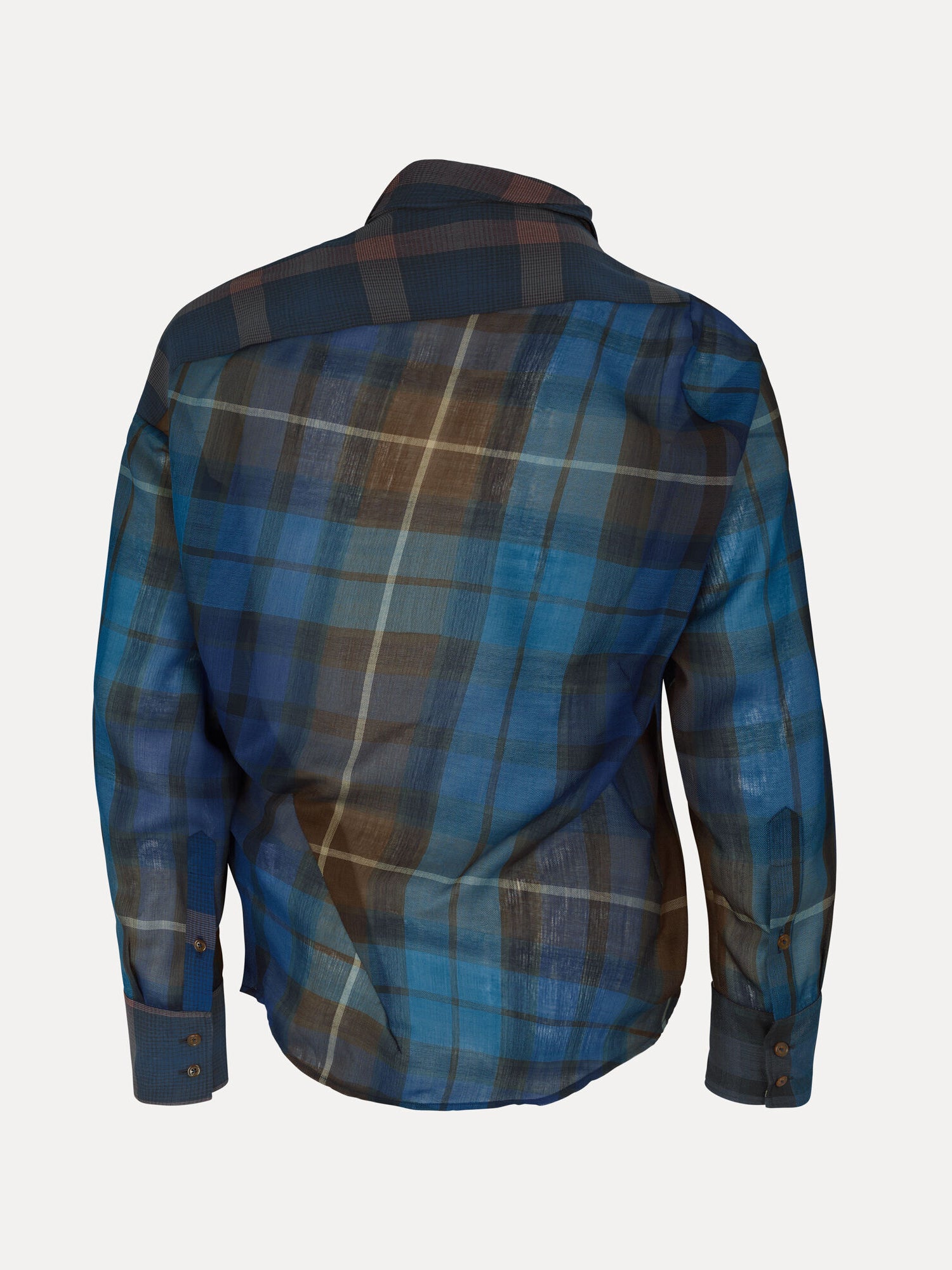 Back view of Vivienne Westwood Chaos Shirt in Multi with Quadrophenia check motif, curved hem and buttoned cuffs