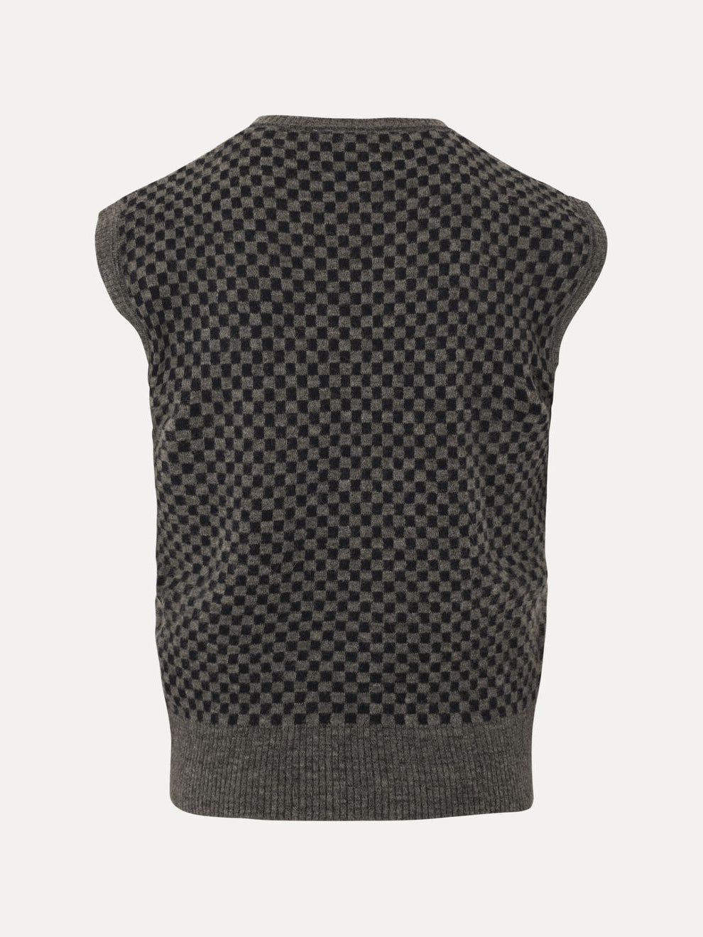 Back view of Vivienne Westwood Checkmate Vest in Grey Melange Navy with checkerboard jacquard, sleeveless silhouette and ribbed trims