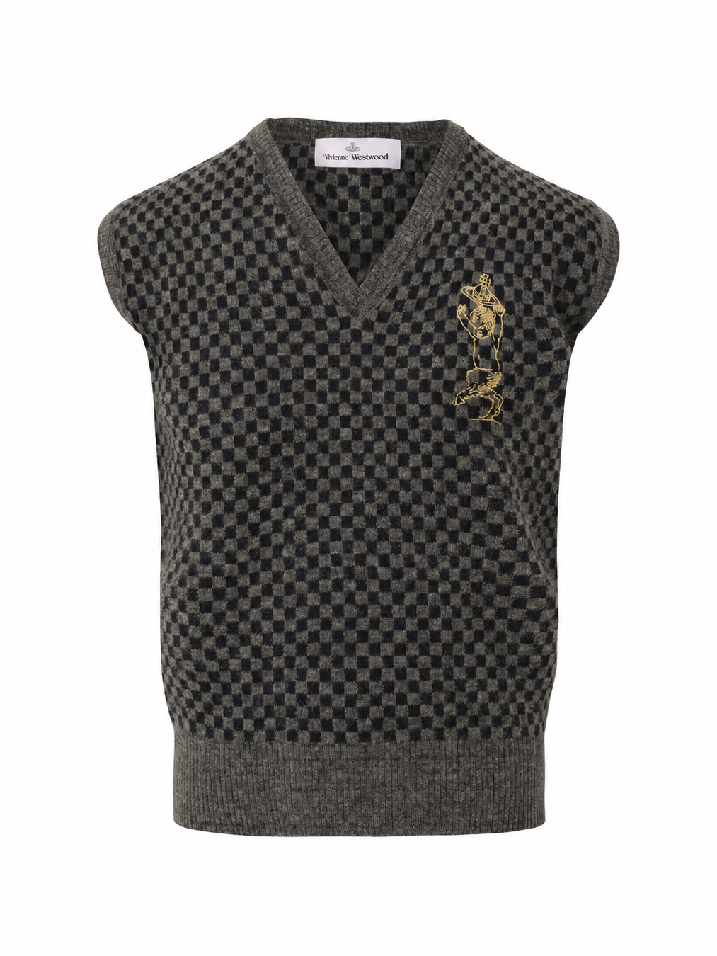 Vivienne Westwood Checkmate Vest in Grey Melange Navy with all-over checkerboard jacquard, deep V-neckline and embroidered dancing satyr motif