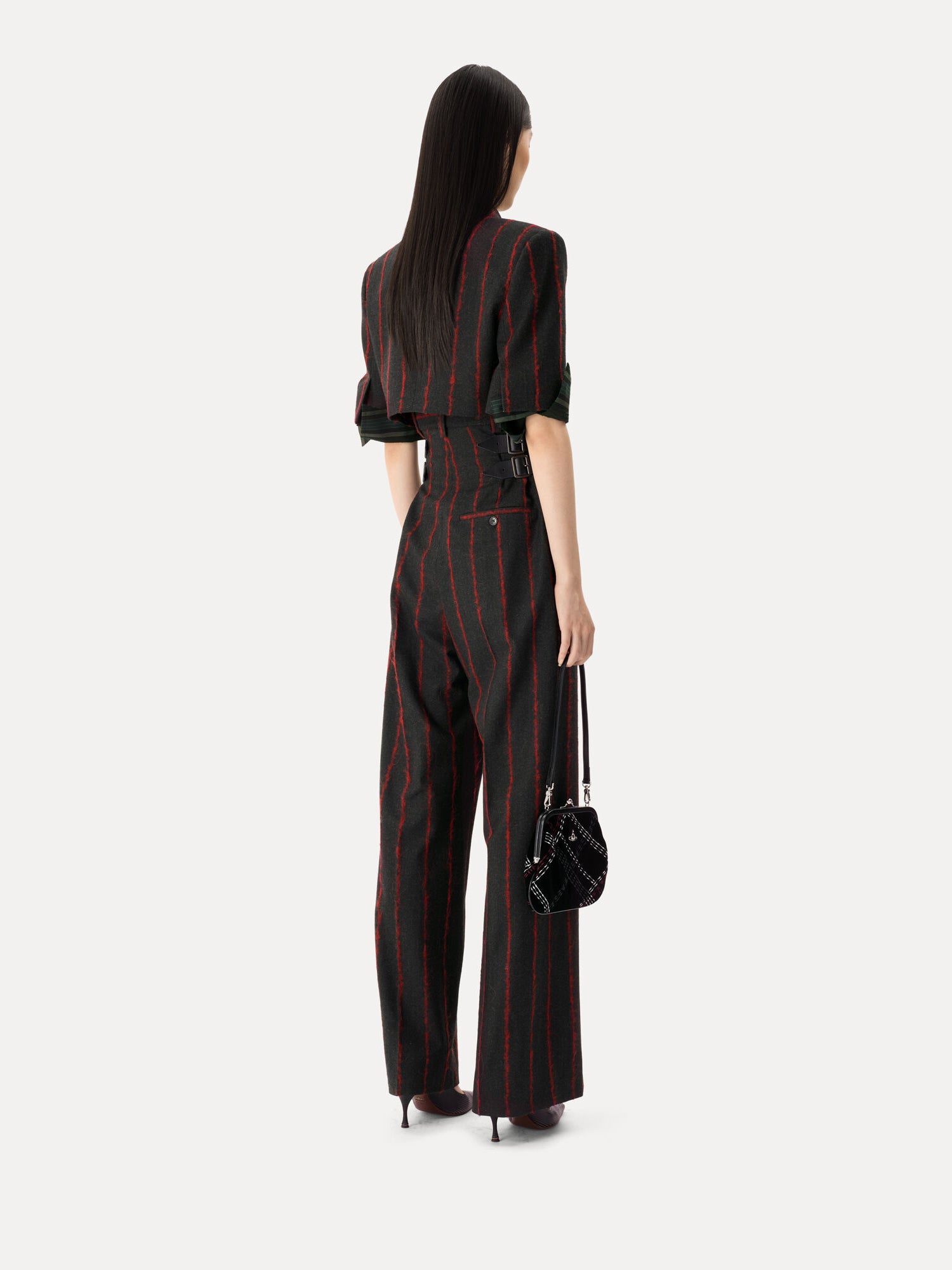Back view of Vivienne Westwood Cut Off One Button Jacket in charcoal grey with red stripes, cropped cut and short sleeves