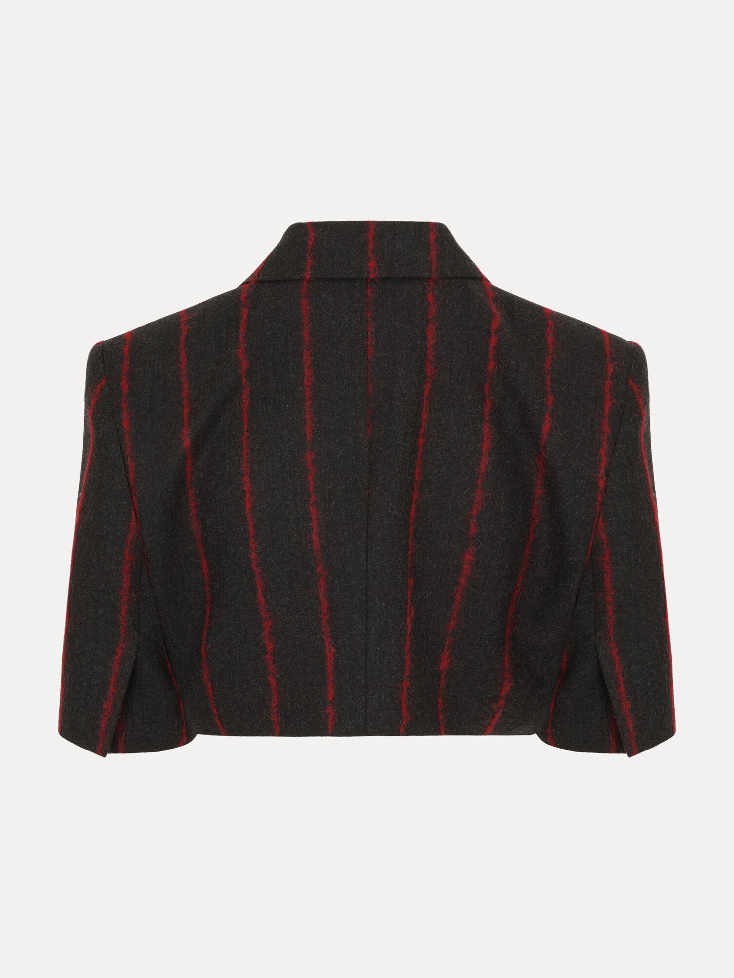Back view of Vivienne Westwood Cut Off One Button Jacket in charcoal red stripe with cropped silhouette and tailored construction