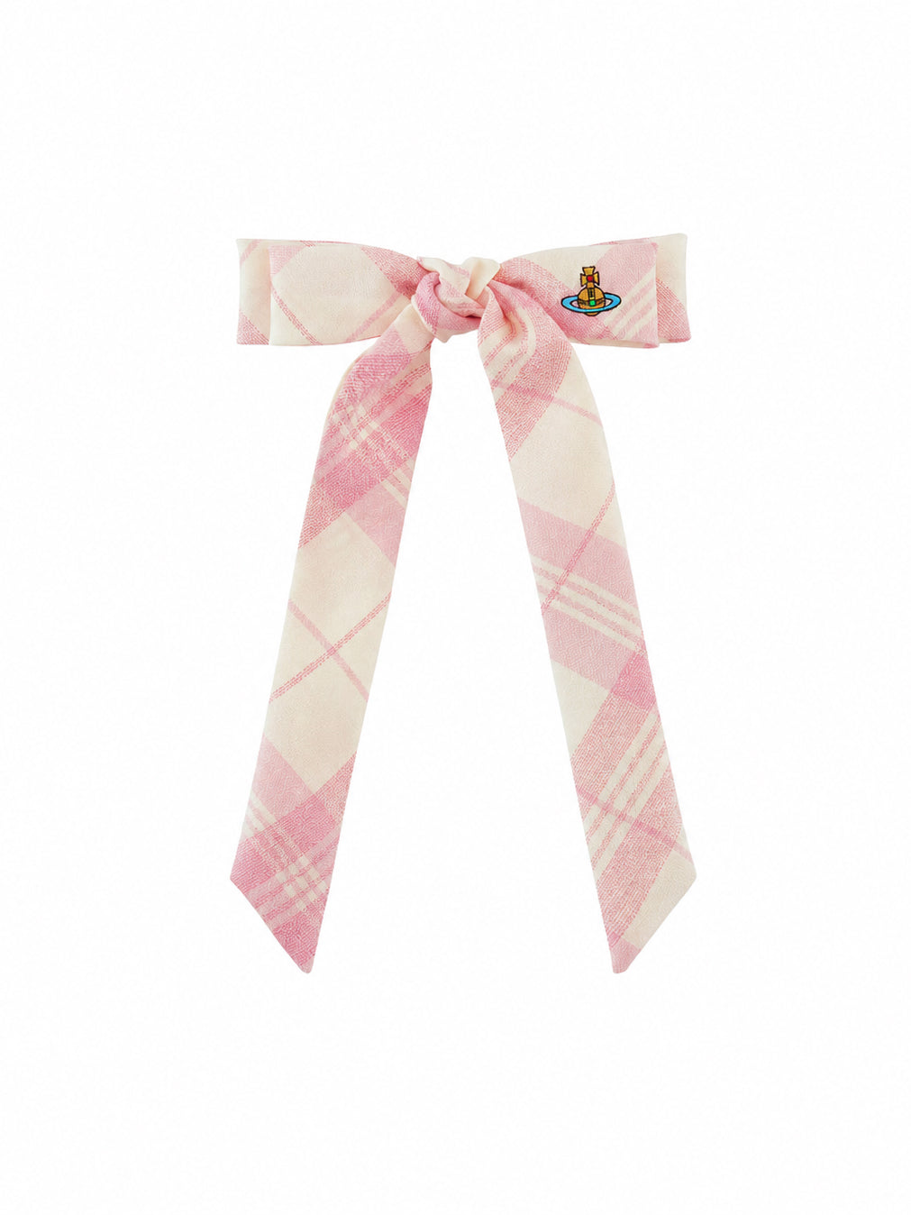 Vivienne Westwood Flyes Hair Clip in Ivory Pink with Coquette check motif, oversized bow shape, ribbon tails and orb embroidery