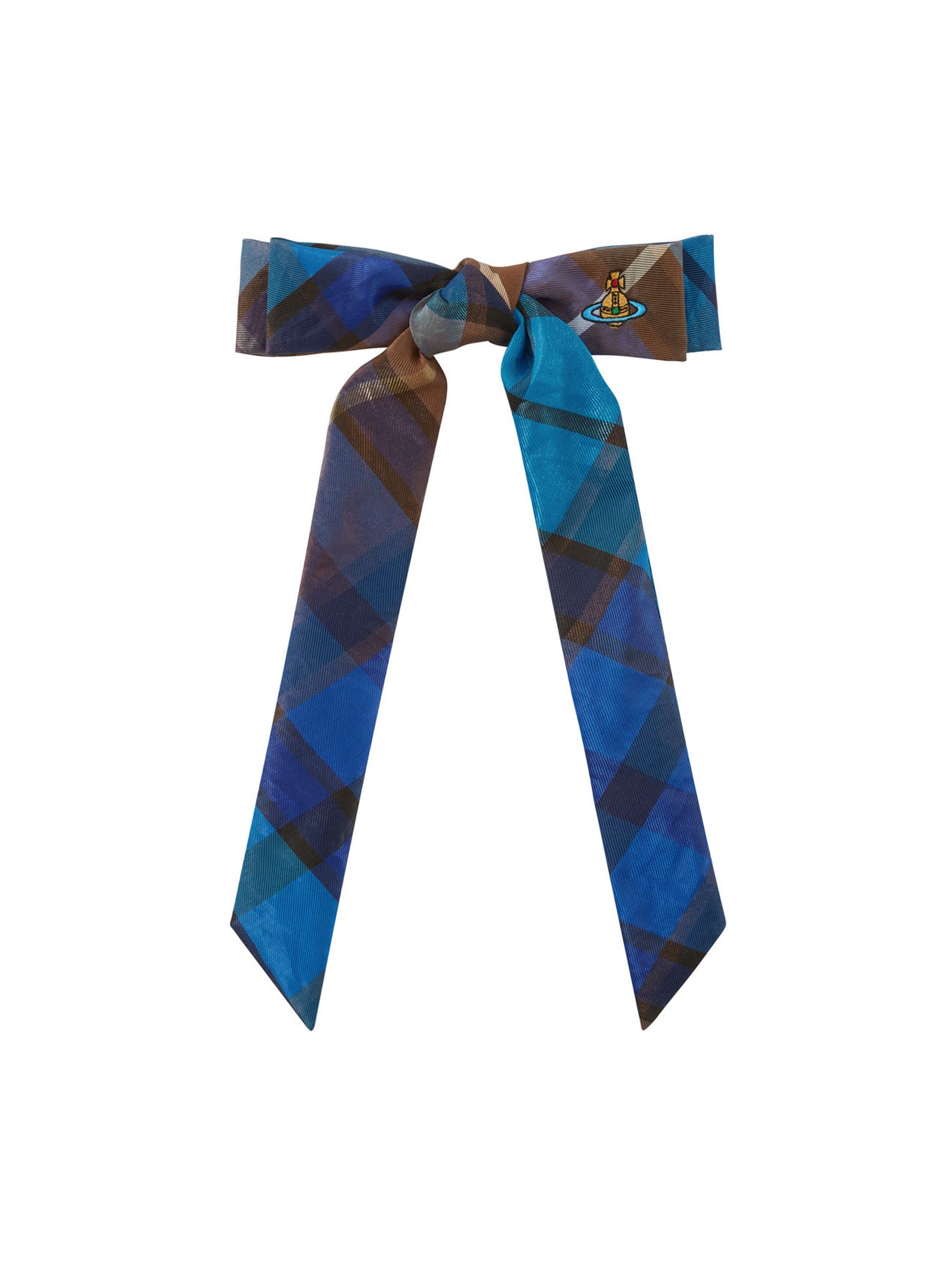 Vivienne Westwood Flyes Hair Clip in shiny blue and brown checked fabric with an oversized bow, long scarf-style tails and multicoloured orb embroidery.