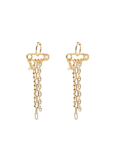 Ginetta Earrings in Gold by Vivienne Westwood, pair of gold-tone drop earrings with safety-pin bars, mixed link and ball chain drops and Orb charms, sold as a pair, Spring/Summer 2026