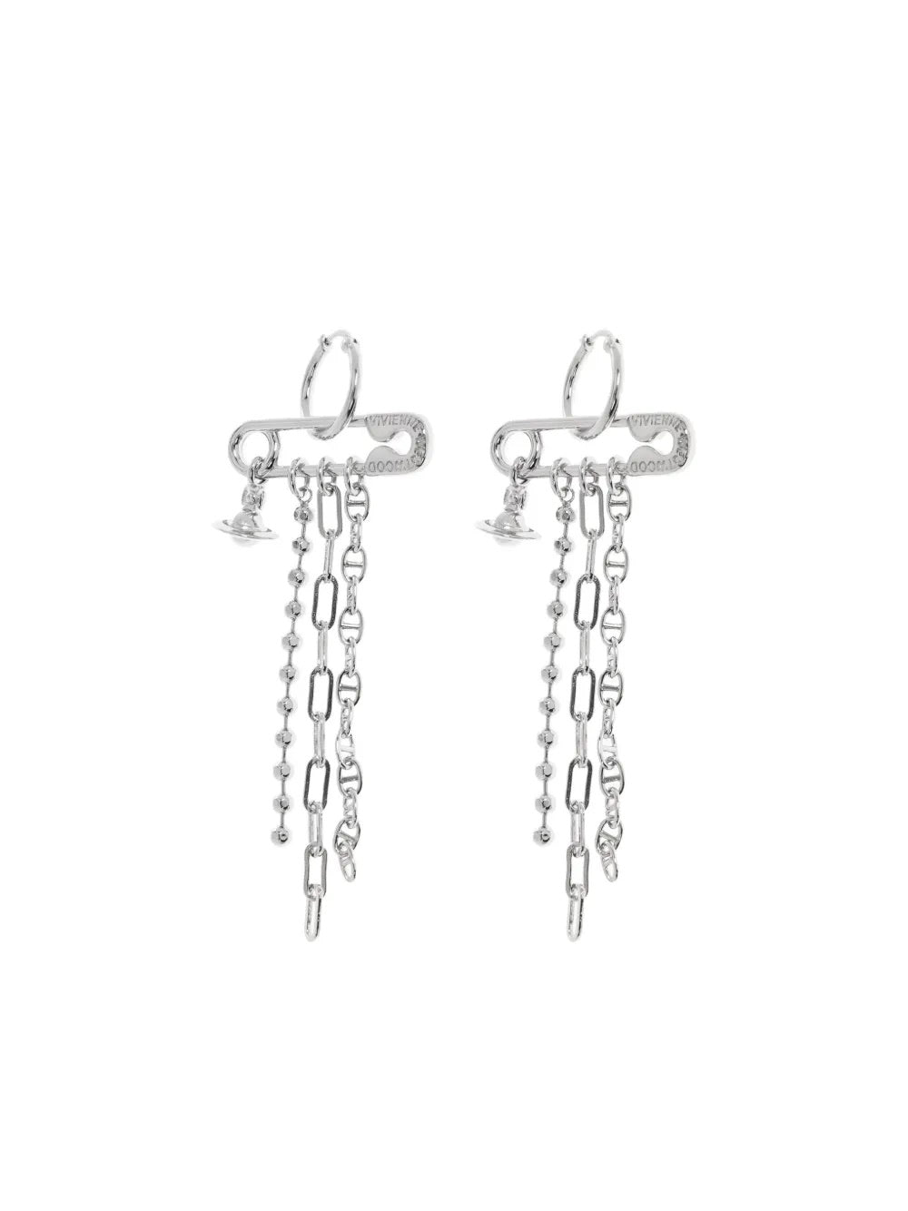 Ginetta Earrings in Platinum by Vivienne Westwood, front view of silver-tone drop earring pair featuring engraved safety-pin bar, mixed ball and chunky link chain drops and miniature Orb charm, hoop fastening, Spring/Summer 2026