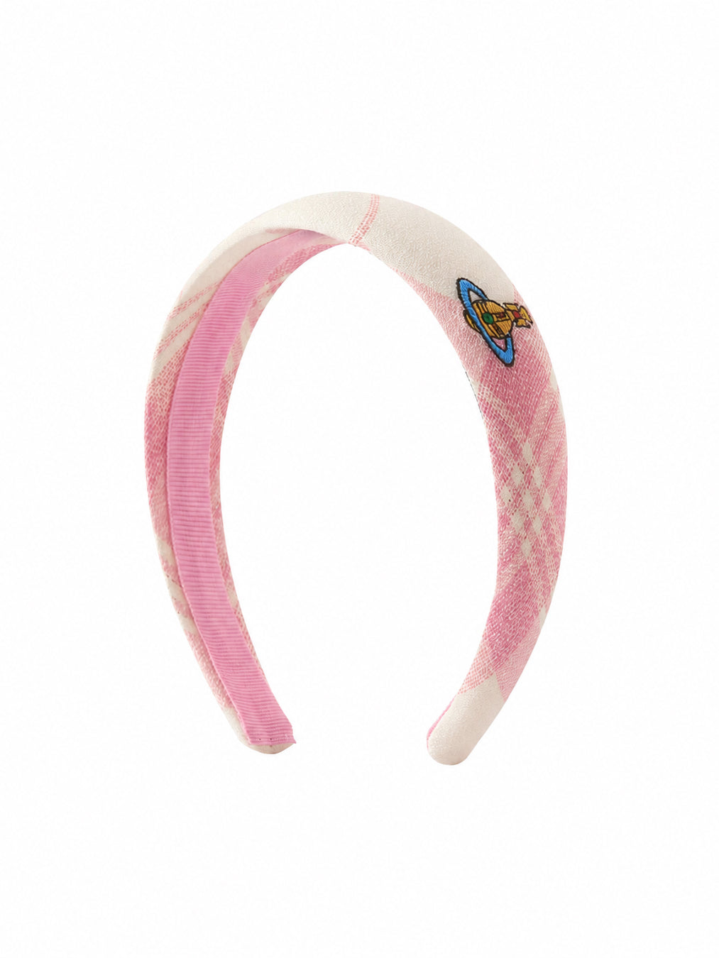 Vivienne Westwood Hairband Slim in Ivory Pink with Coquette check motif, padded slim silhouette and embroidered orb logo