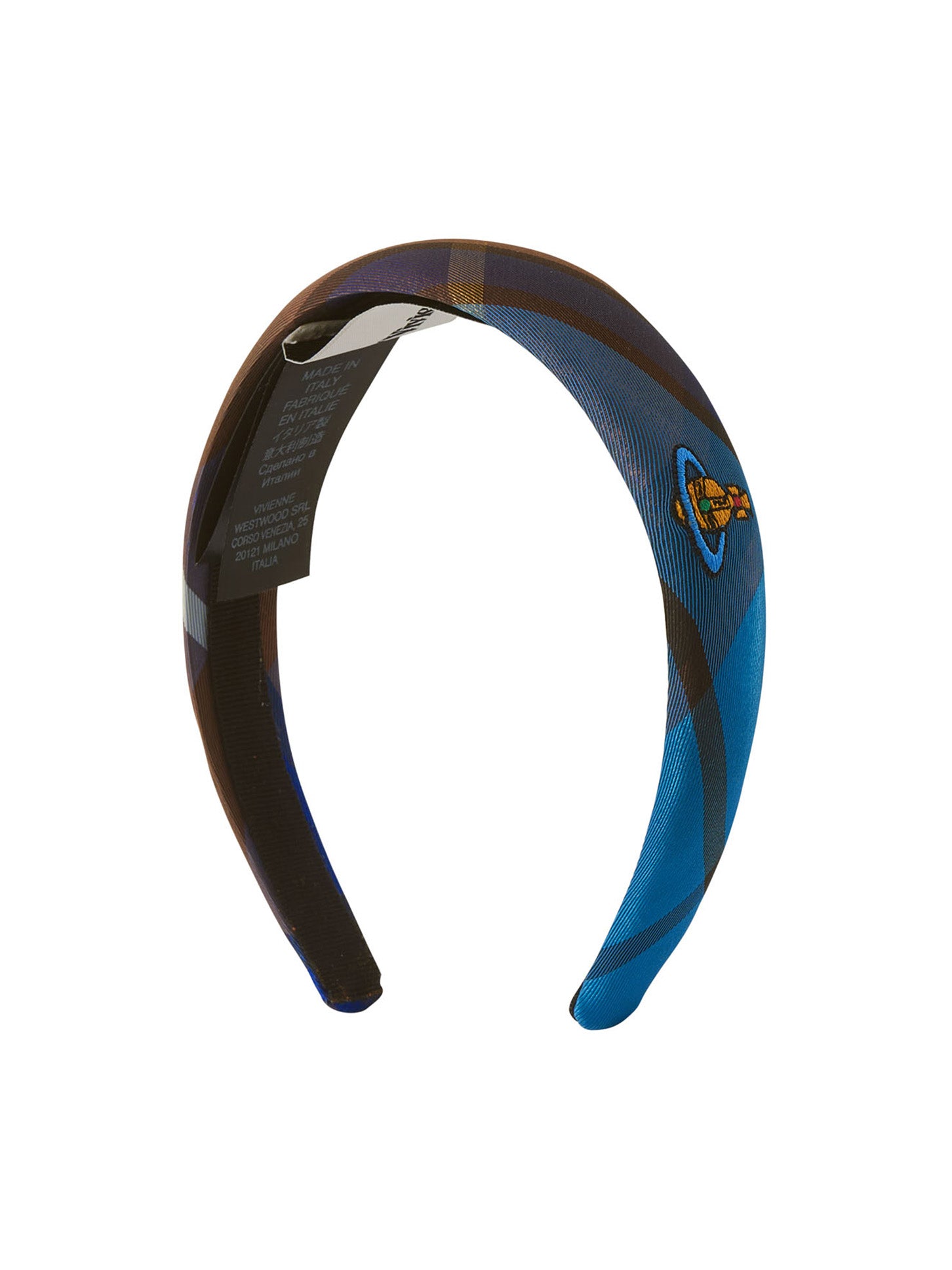 Vivienne Westwood Hairband Slim in shiny blue and brown checked fabric with a padded slim silhouette and multicoloured orb embroidery.