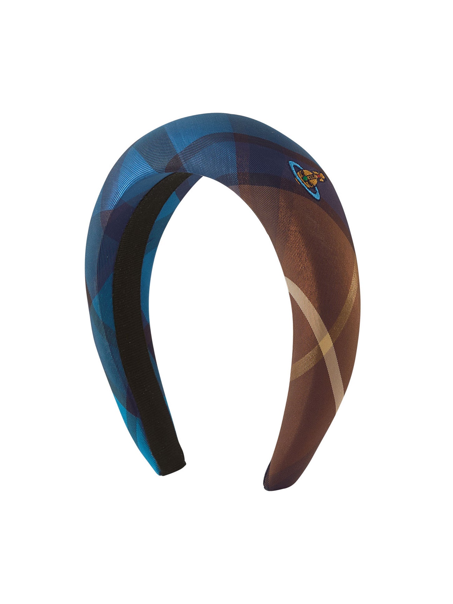 Vivienne Westwood Hairband Wide in shiny blue and brown checked fabric with a padded wide silhouette and embroidered orb logo.