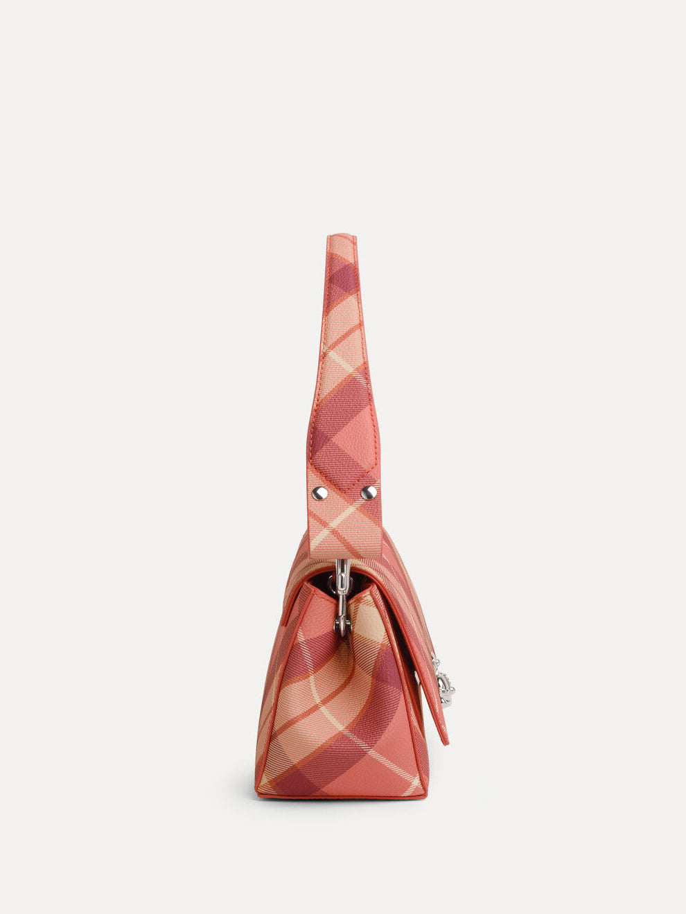 Vivienne Westwood Hazel Medium Handbag in Fraser Pink, side view showing the structured shape, check pattern and shoulder strap attachment.