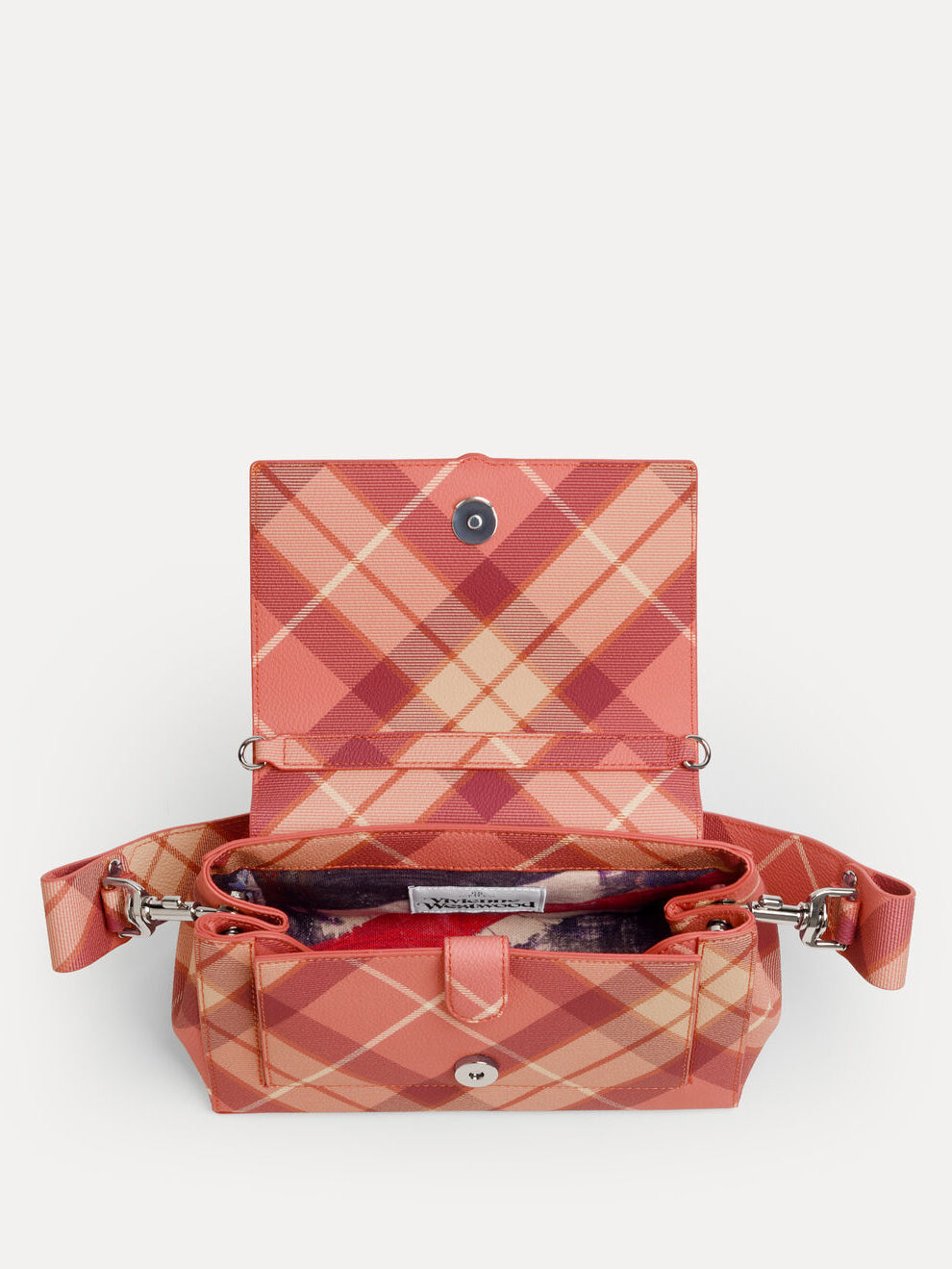 Vivienne Westwood Hazel Medium Handbag in Fraser Pink, open front view showing the flap closure, interior compartment and structured handbag shape.