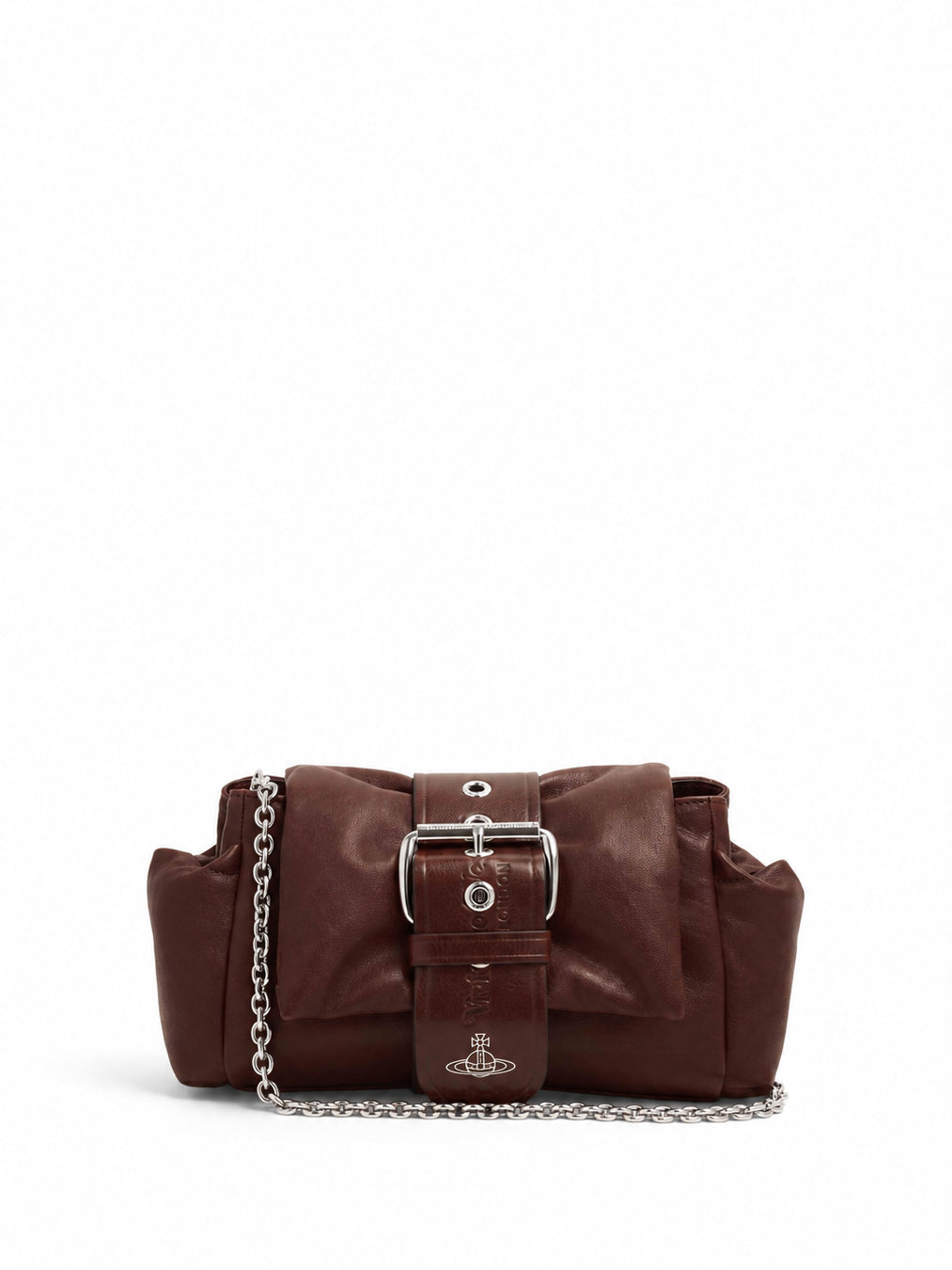 Vivienne Westwood Hazel Treasure Handbag in chestnut brown leather with ruched silhouette, belt detail, chain strap and silver-tone orb branding
