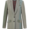 Front view of a grey blazer with subtle stripes and a bold lining from Vivienne Westwood on a white background