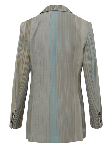 Back view of a grey blazer with subtle stripes and a bold lining from Vivienne Westwood on a white background