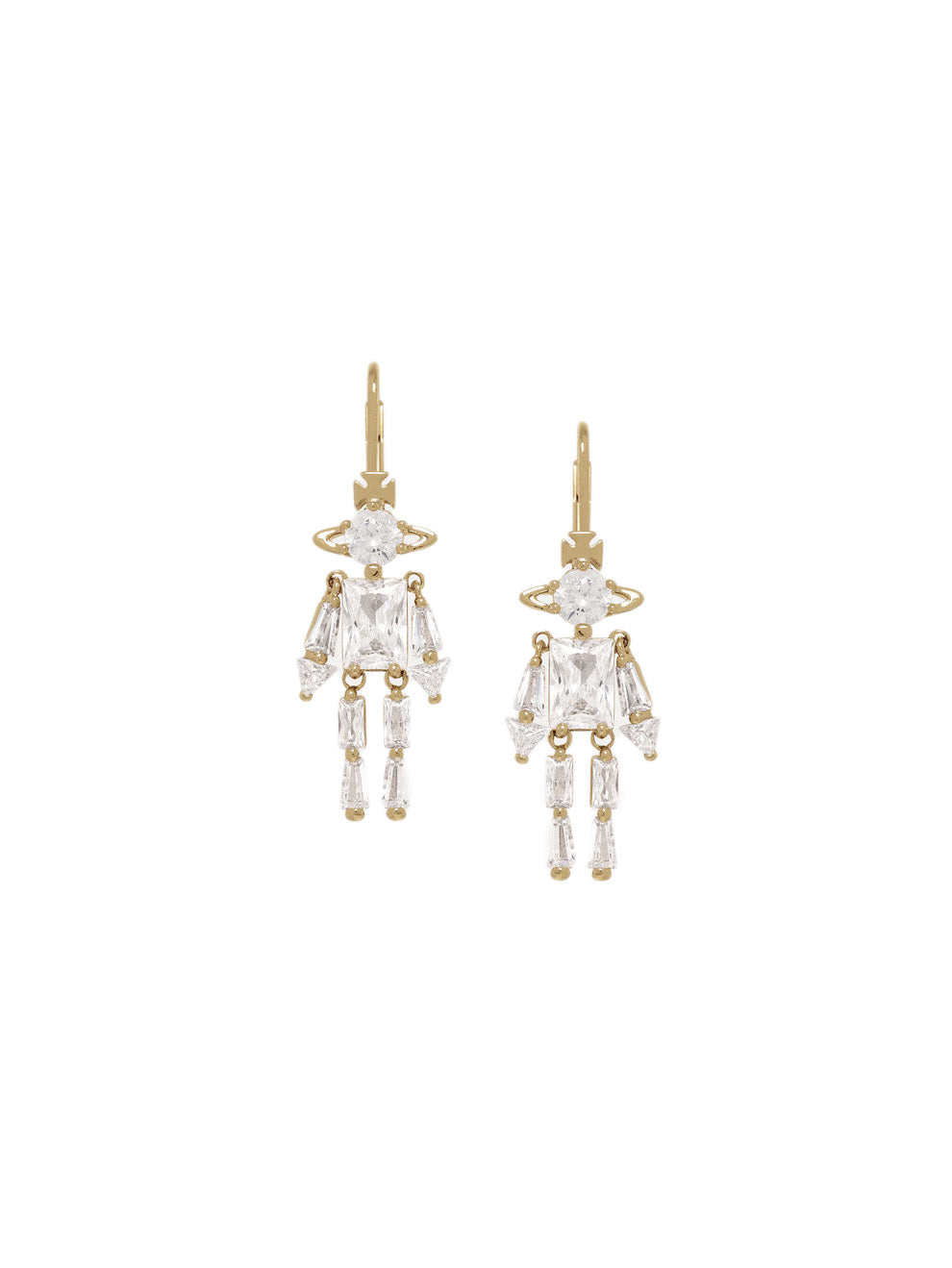 Vivienne Westwood Issa Earrings in gold, front view of both drop earrings featuring a humanoid figure composed of clear crystal baguettes, round and trillion-cut stones, with signature Orb motif and gold-tone lever-back fastening