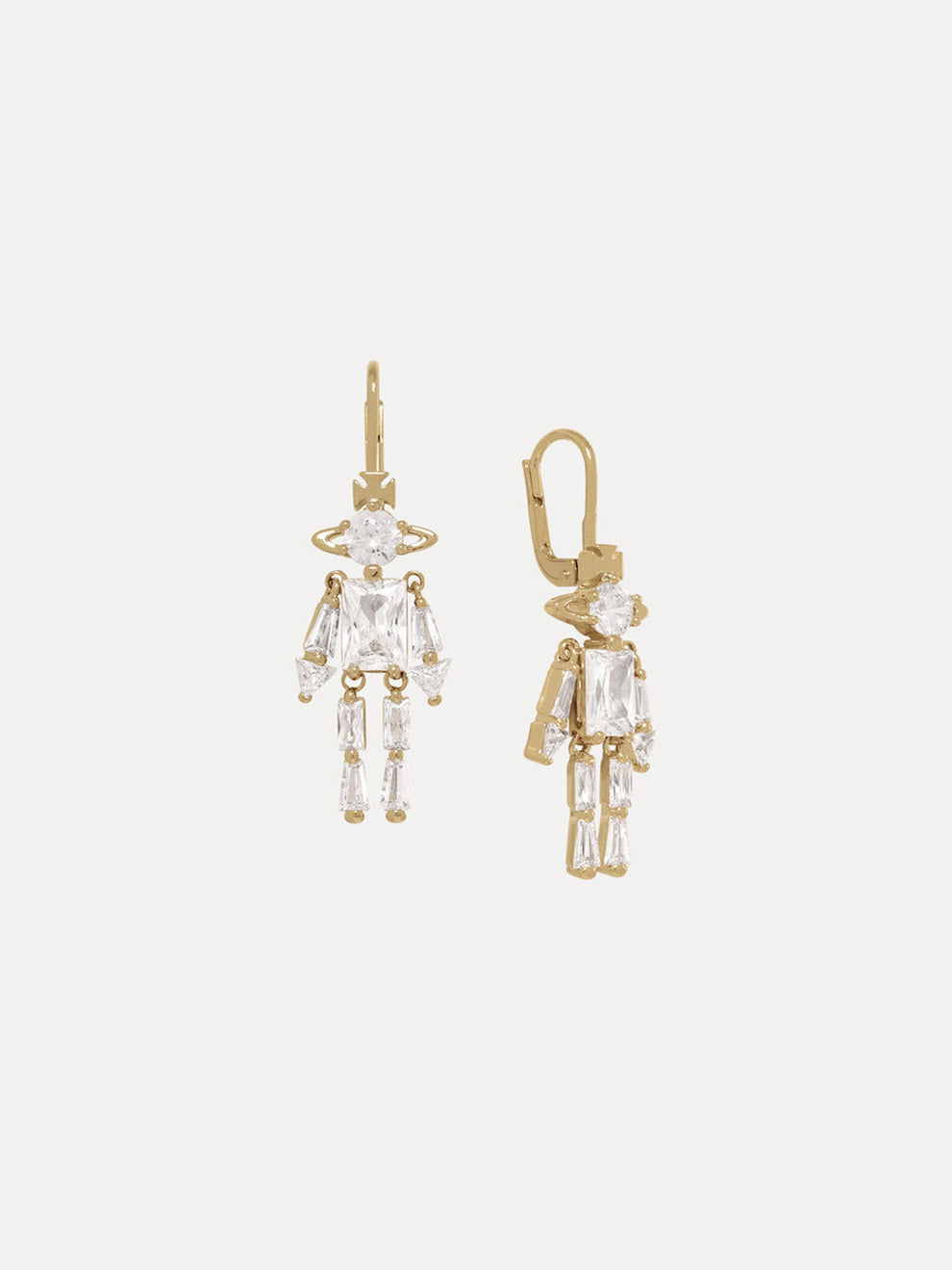 Vivienne Westwood Issa Earrings gold, one earring shown front-facing and one in profile, revealing the three-dimensional crystal figure construction and gold-tone setting depth