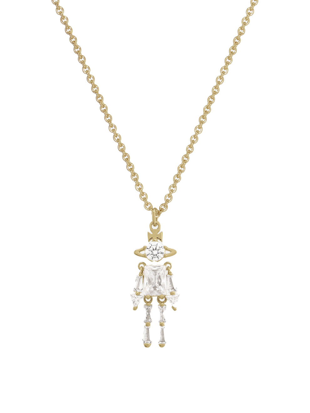Vivienne Westwood Issa Pendant in Gold White, figural crystal charm necklace, mixed-cut white crystals, iconic orb motif head, baguette and princess cut stones, gold-tone cable chain