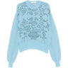Jules Jumper in Aqua by Vivienne Westwood, front view of relaxed-fit aqua blue crew neck jumper with all-over tonal floral jacquard knit motif, voluminous long sleeves and ribbed cuffs and hem, Spring/Summer 2026